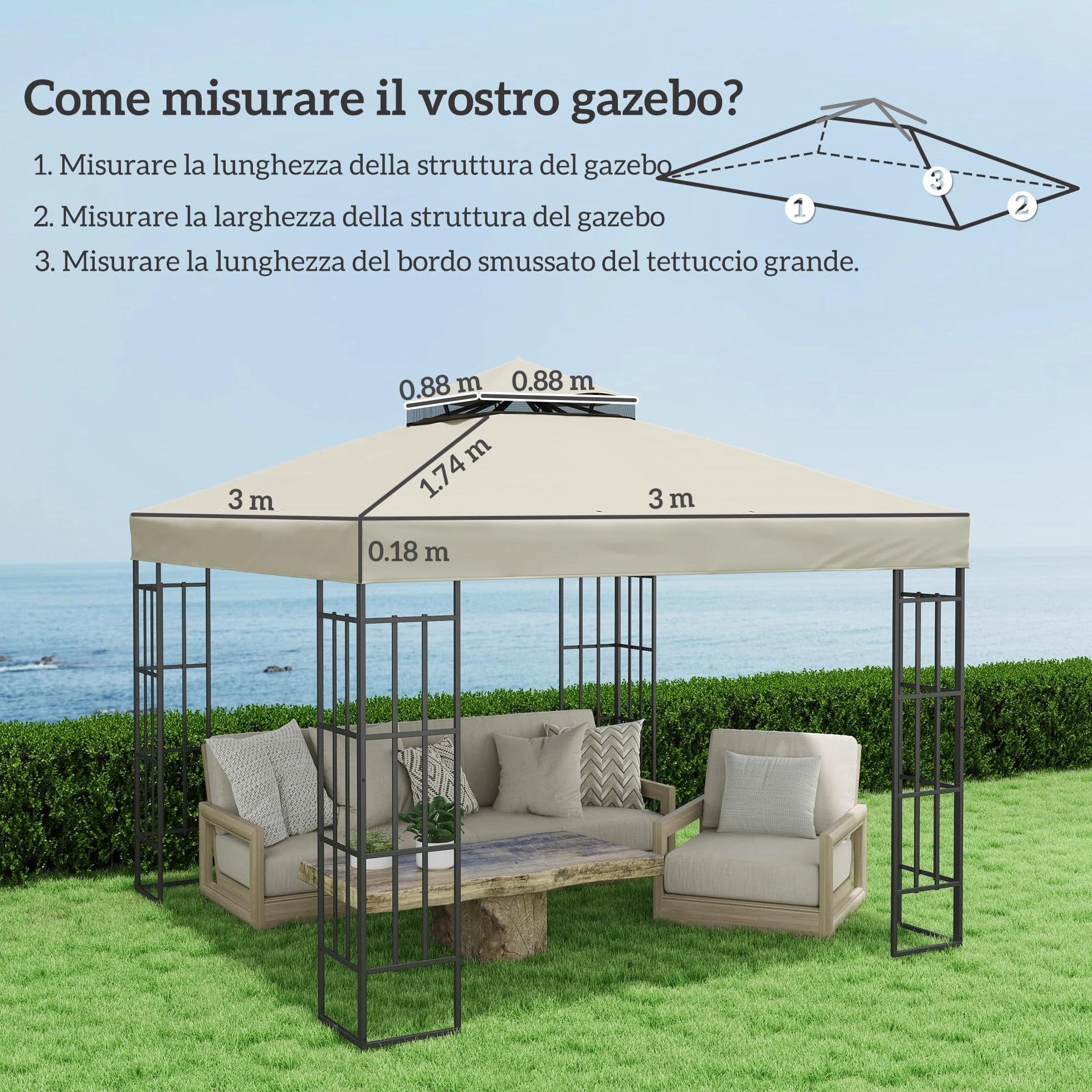 Outsunny Tetto di Ricambio per Gazebo 3x3 m 2 Livelli, Telo Copertura Resistente all'Acqua in Tessuto Oxford 370g/㎡ Anti-UV 30+ con Fori di Drenaggio, Crema
