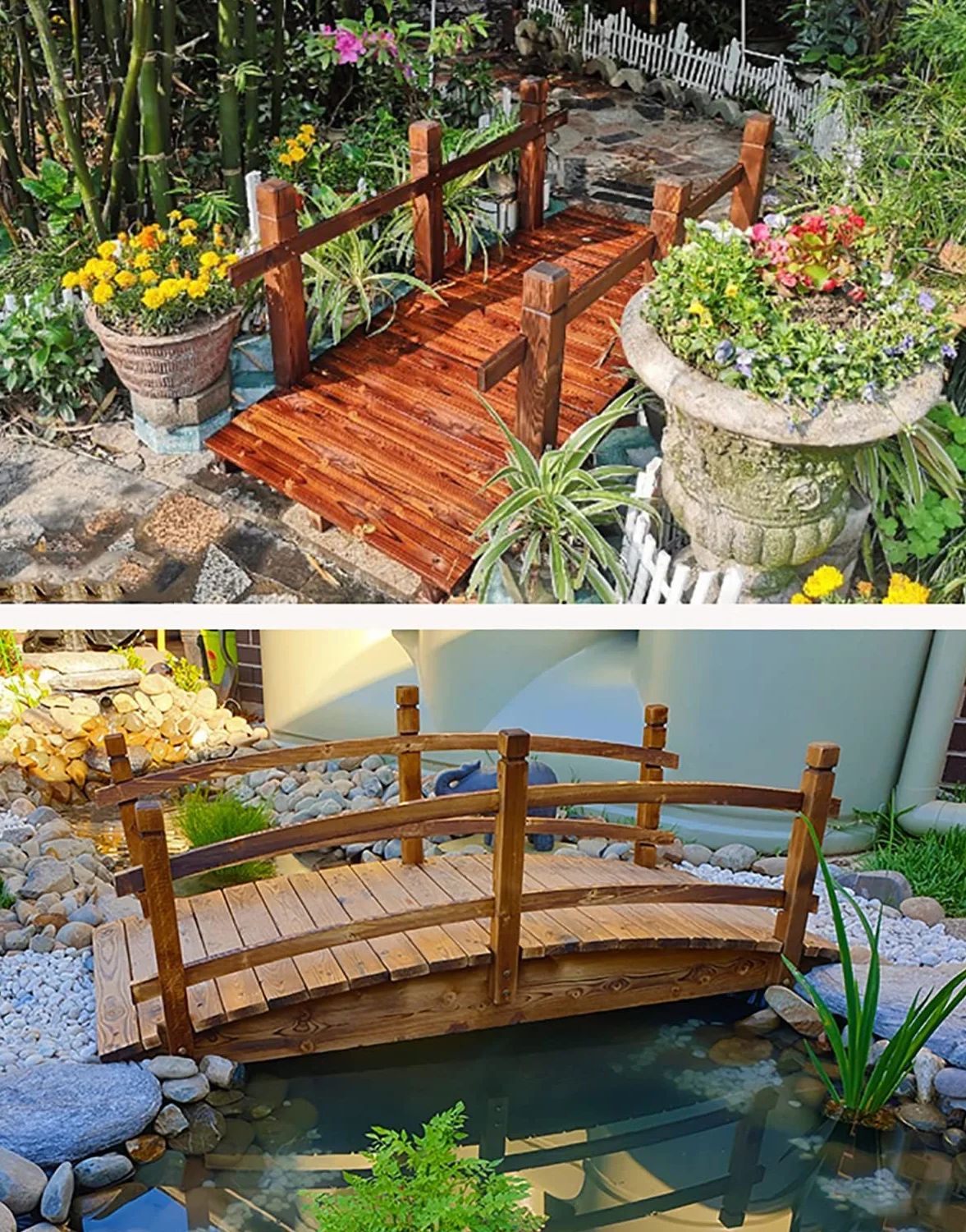 Ponte da giardino in legno per esterni, ruscelli, ponte da giardino ad arco con ringhiere di sicurezza, grande ponte decorativo per laghetto