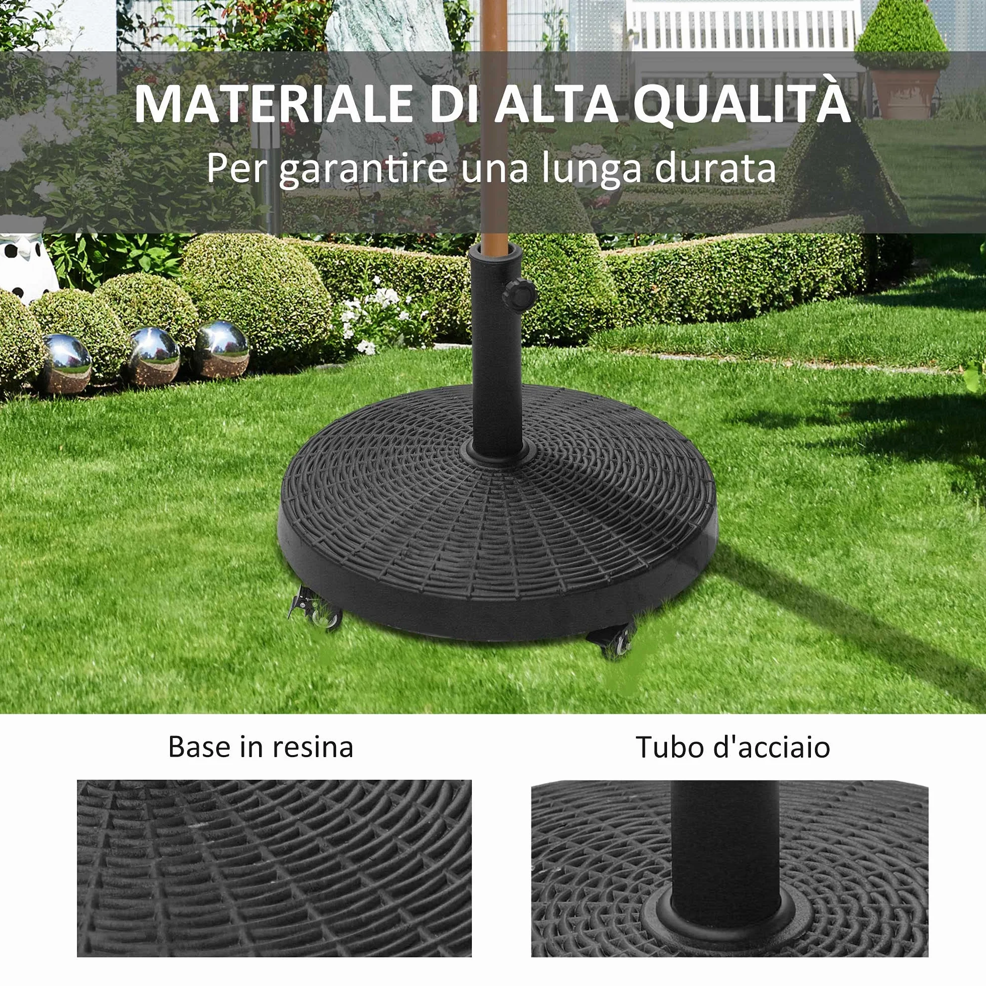 Outsunny Base per Ombrellone da Giardino Rotonda a 4 Ruote con Freni, Base Ombrellone in Metallo e Resina, per Pali di Ombrelloni da Ø38/48 mm, Ø52x41 cm, Nero