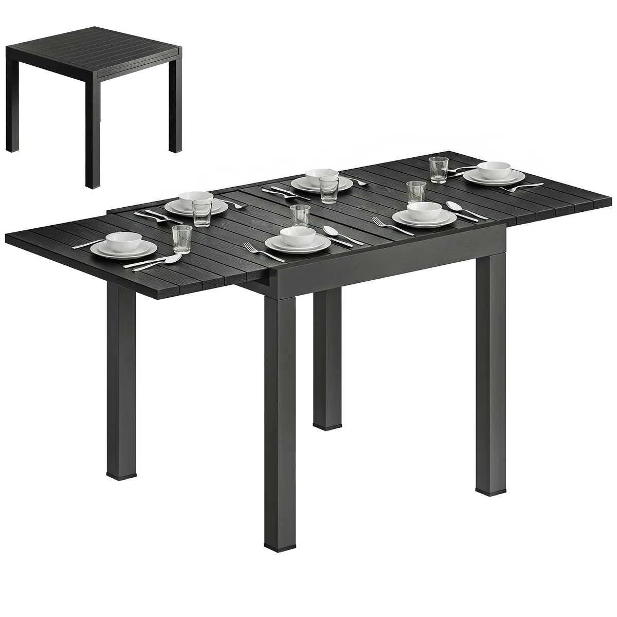 Outsunny Tavolo da Giardino Allungabile per 4-6 Persone 80/160x80 cm, Tavolo da Pranzo Esterno Estensibile Rettangolare in Alluminio con Piano Effetto Legno a Doghe, per Patio Terrazzo Balcone, Nero