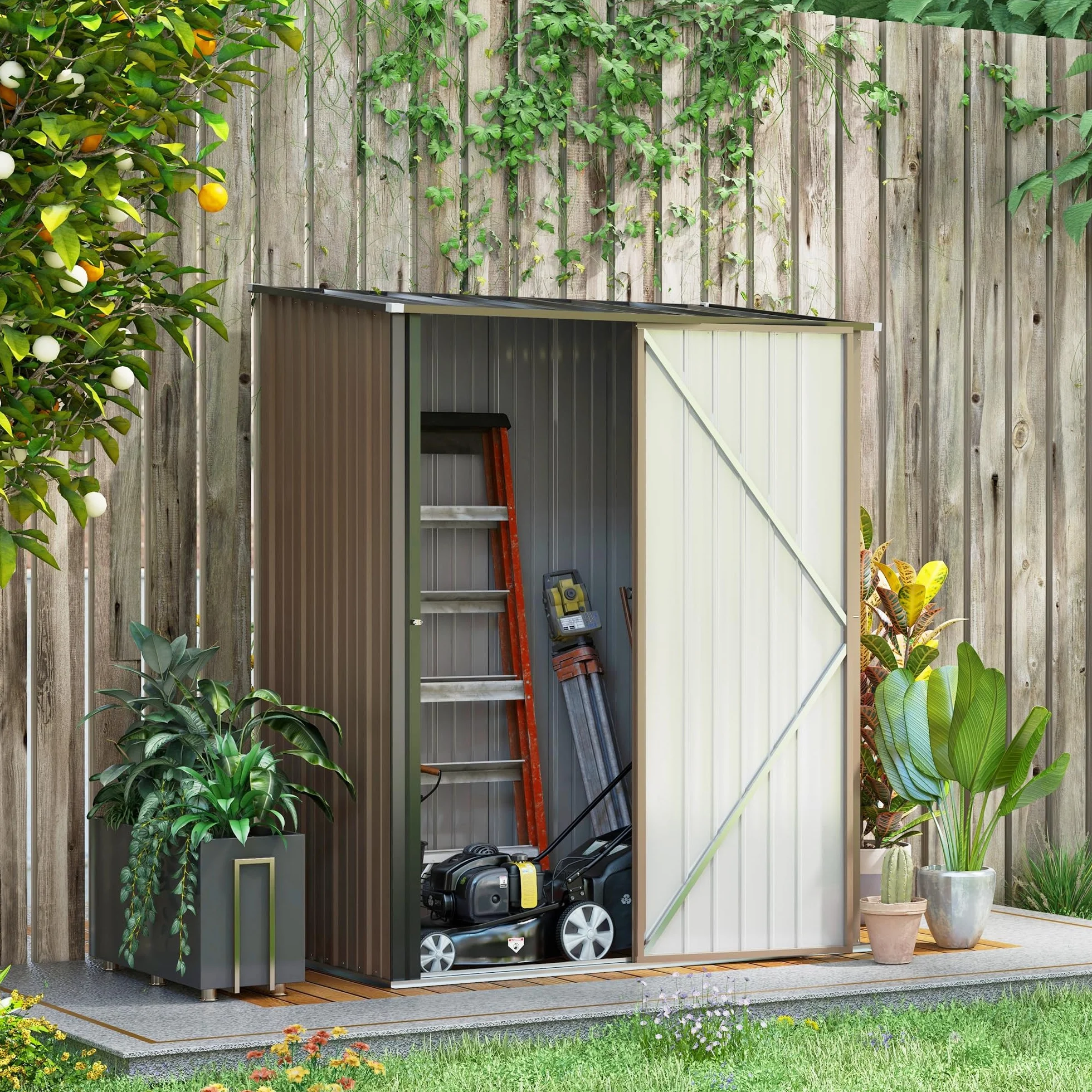 Outsunny Casetta da Giardino 1.34m² Acciaio Zincato Capanno Porta Attrezzi 161.5x94.5x196cm Marrone