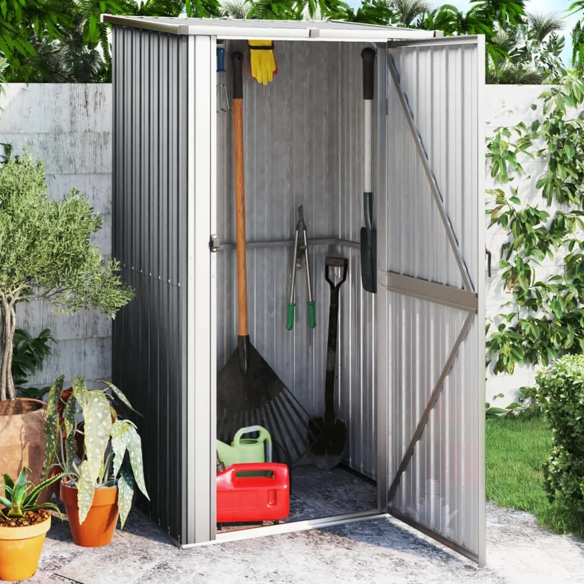 Gecheer Casetta per giardino in acciaio zincato, grigio, 118,5 x 97 x 209,5 cm, utensili in acciaio, cassetta degli attrezzi