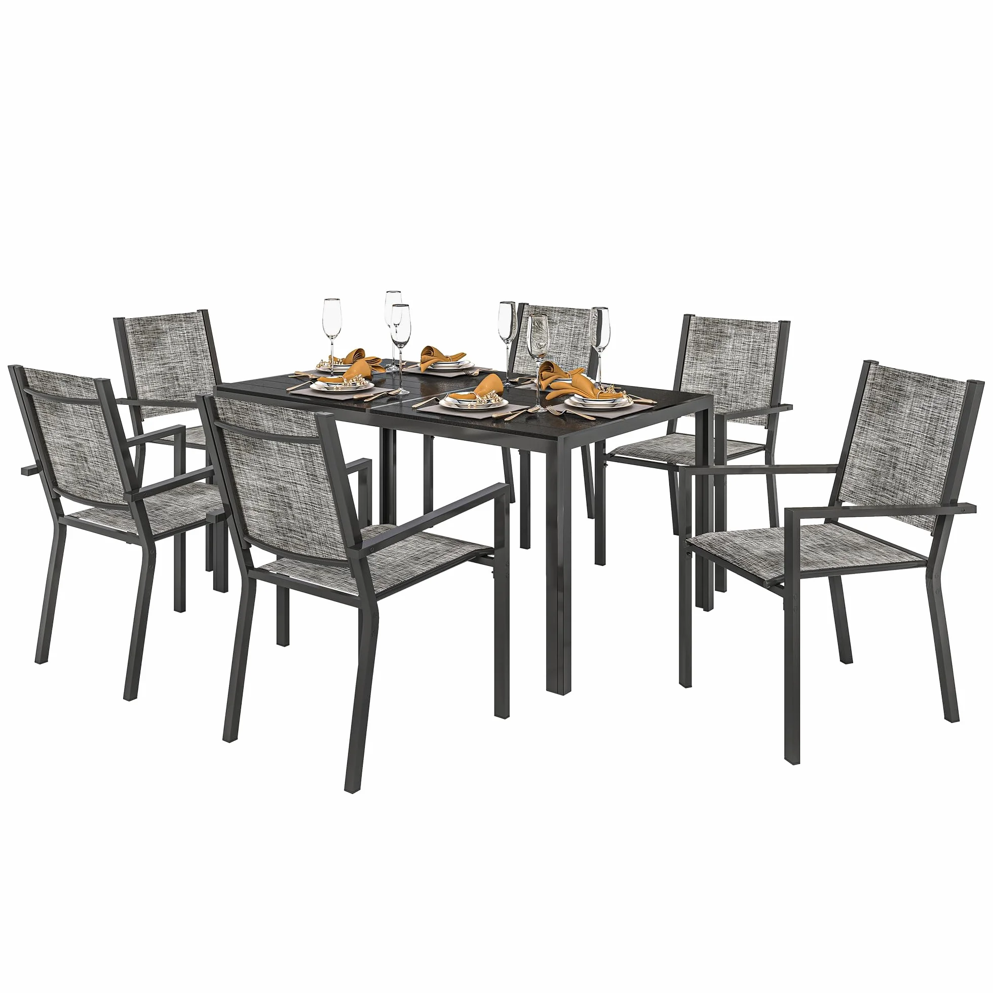 Outsunny Set Tavolo da Giardino 7 Pezzi, Pranzo con Sedie Impilabili, Acciaio Texteline Grigio Nero