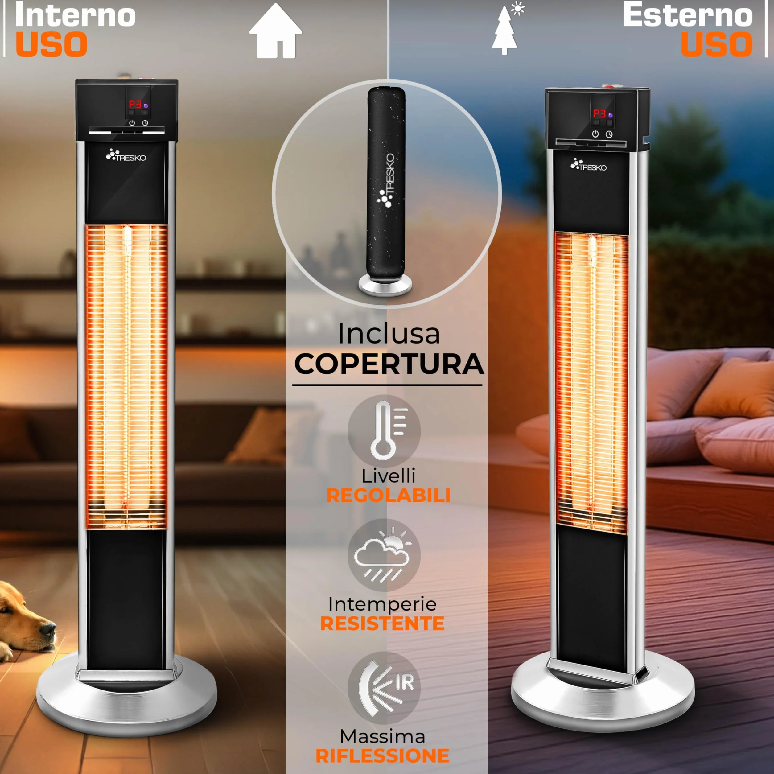 TRESKO Stufa a Infrarossi 2000W Torre Telecomando 3 Livelli Calore Riscaldatore Elettrico da Terrazzo