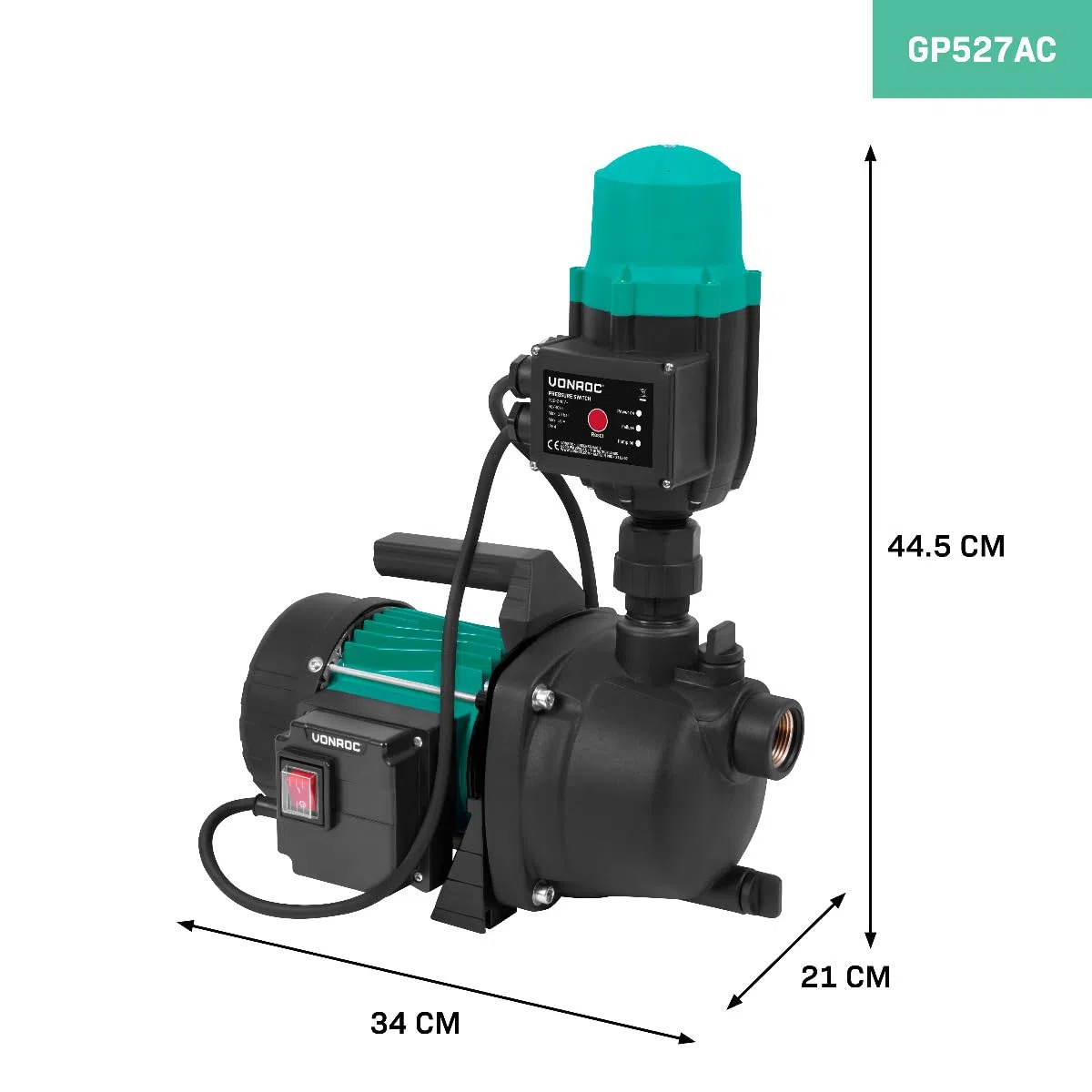 VONROC Pompa Acqua Idrofora Automatica 800W 3300 l/h 4 bar Autoadescante Pressostato Protezione Secco IPX4