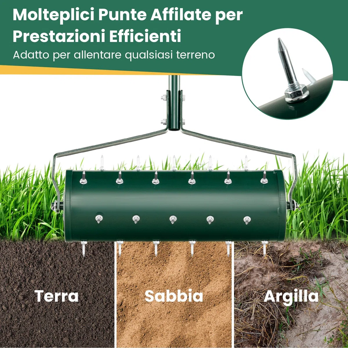 RELAX4LIFE Aeratore Prato Rullo 52 cm 33 Punte Antiruggine 3,4 cm Manico Lungo