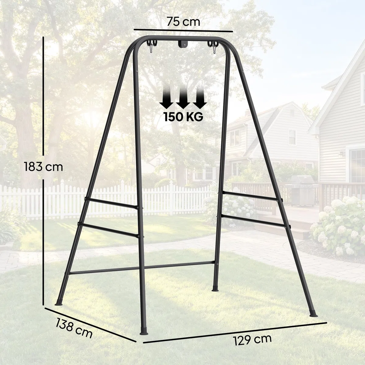 Outsunny Supporto per sedia sospesa e amaca, 183 cm, supporto per altalena con struttura in acciaio, cuscinetti antiscivolo e 2 moschettoni, per interni ed esterni, carico 150 kg, nero