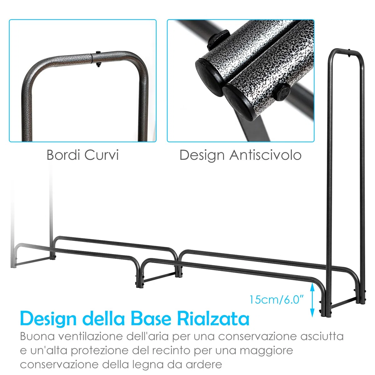 COSTWAY Porta Legna da Esterno 153 cm, Portalegna con Copertura in PVC Impermeabile e Struttura in Ferro, Nero