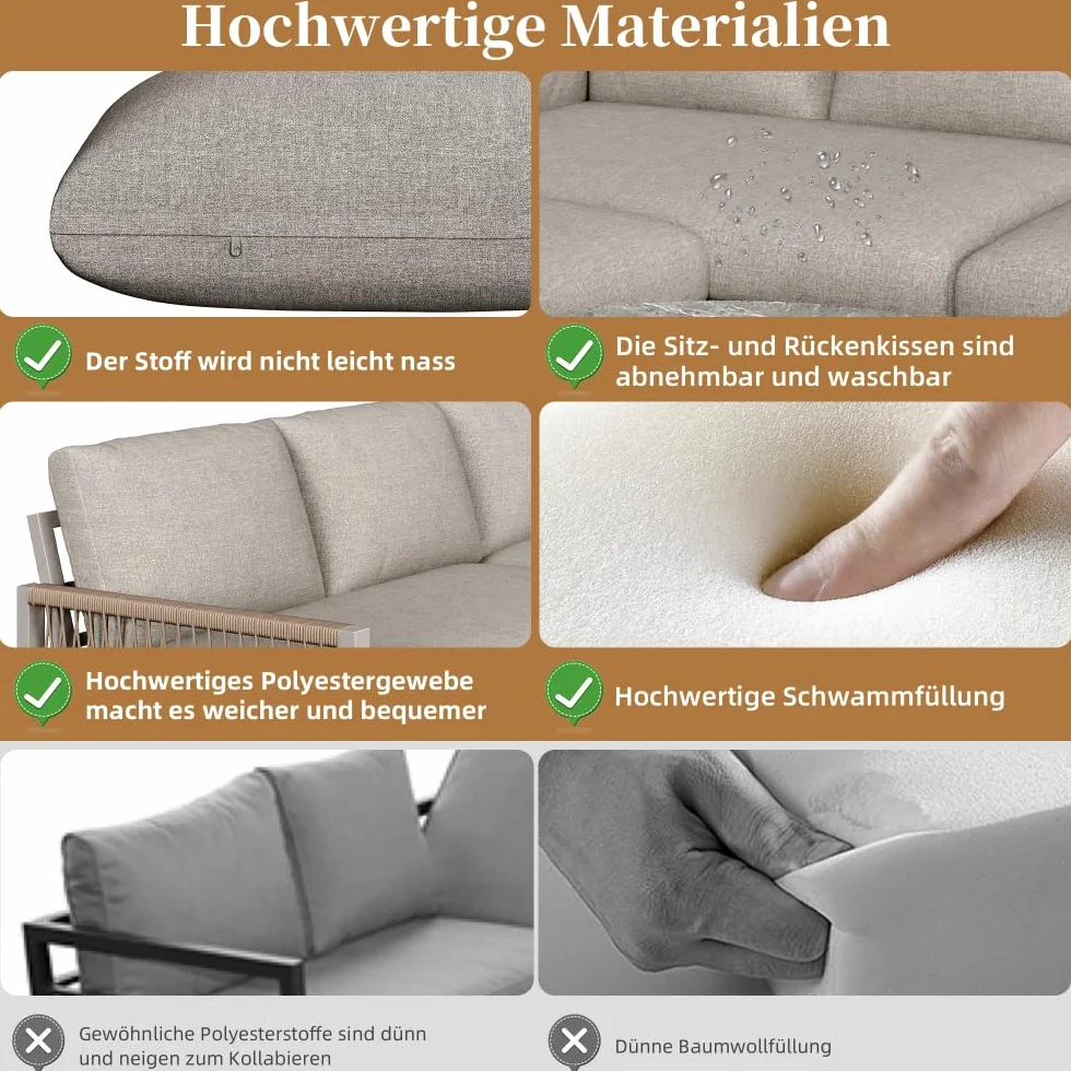 Set salotto da giardino, set di mobili per 6-7 persone, divano angolare con struttura in ferro zincato, gambe regolabili, compresi tutti i cuscini di seduta e schienale, beige