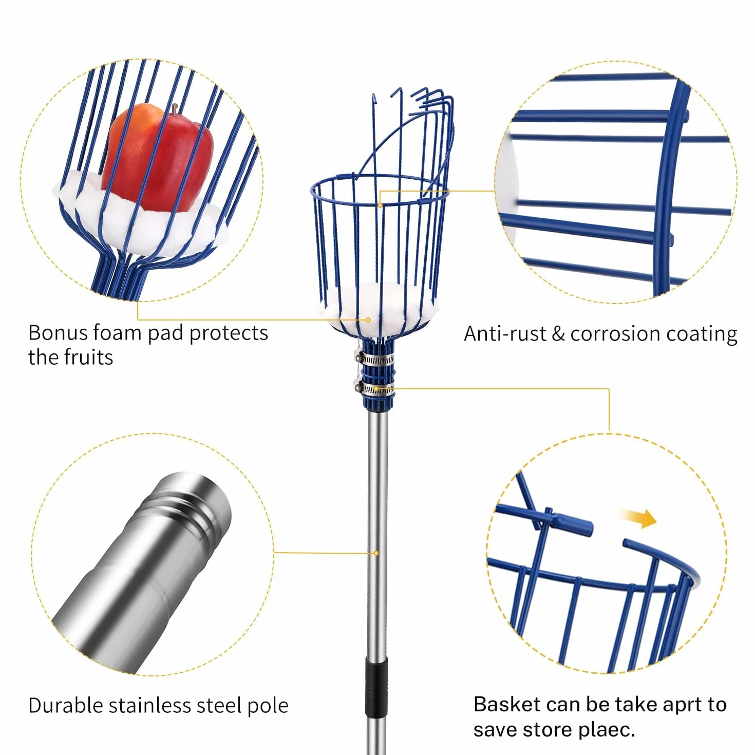 MaidMAX Raccoglitore di Frutta, 4m Fruit Picker, Raccoglifrutta Arancia Mela Raccoglitrice con Palo in Acciaio Inox Leggero, Cestino Robusto con Cuscinetto in Schiuma, Morsetto in Metallo