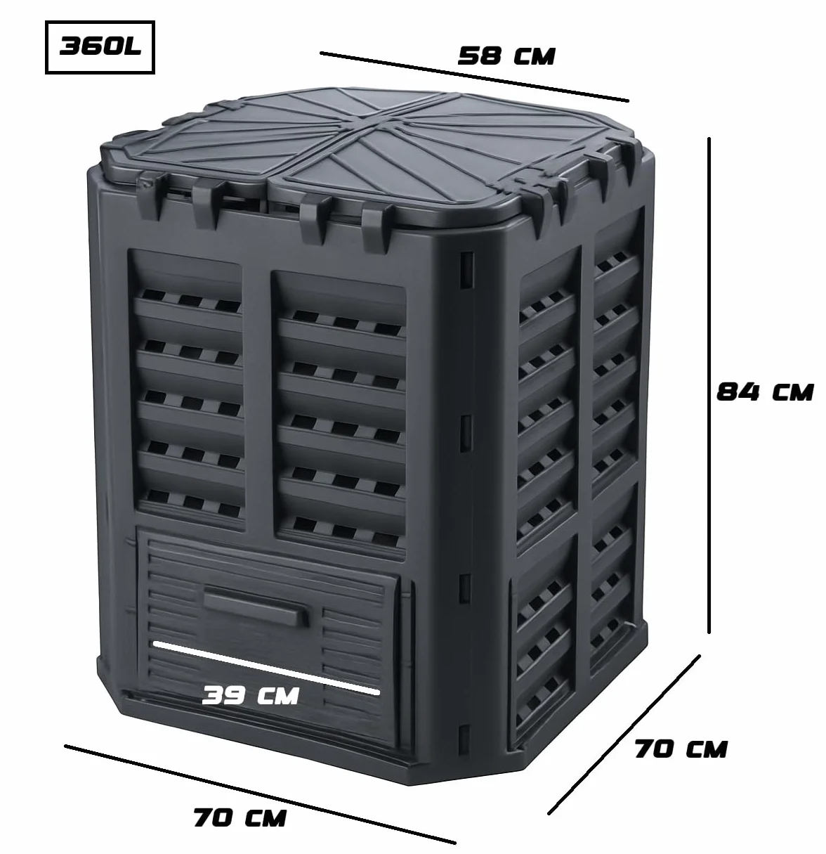 Composter Garden 360L - Contenitore per compost con base - Composter termico in plastica nero - Compost - Compositore termico da giardino