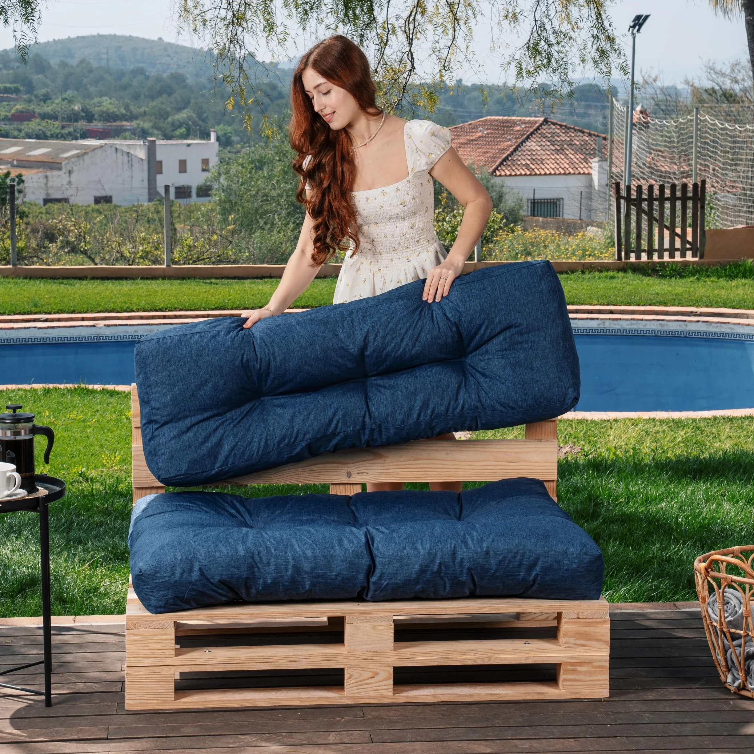bananair - Cuscini per Pallet - Tessuto Idrorepellente e Anti-UV - Molto Confortevole, Imbottito in Schiuma - Cuscini per Divano Esterno Giardino (Seduta 120x80 cm + Schienale 120x40 cm, Blu)
