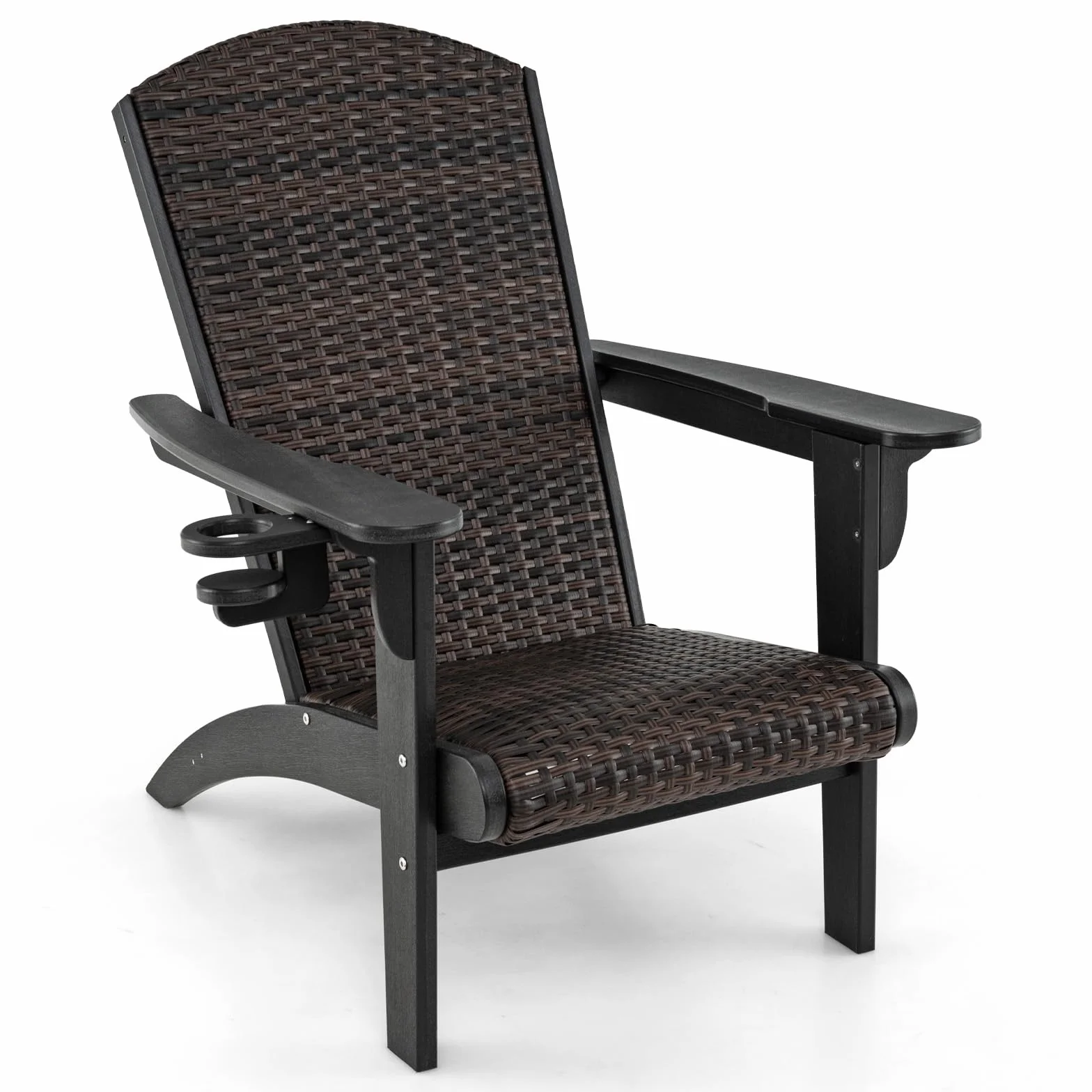 LIFEZEAL Sedia Adirondack da Esterno, in Plastica, Rattan PE, Imbottito da Spugna, con Braccioli, Portabicchiere, Resistente alle Intemperie, per Giardino, Terrazza, Patio, Aperto, Max 150kg (nero)