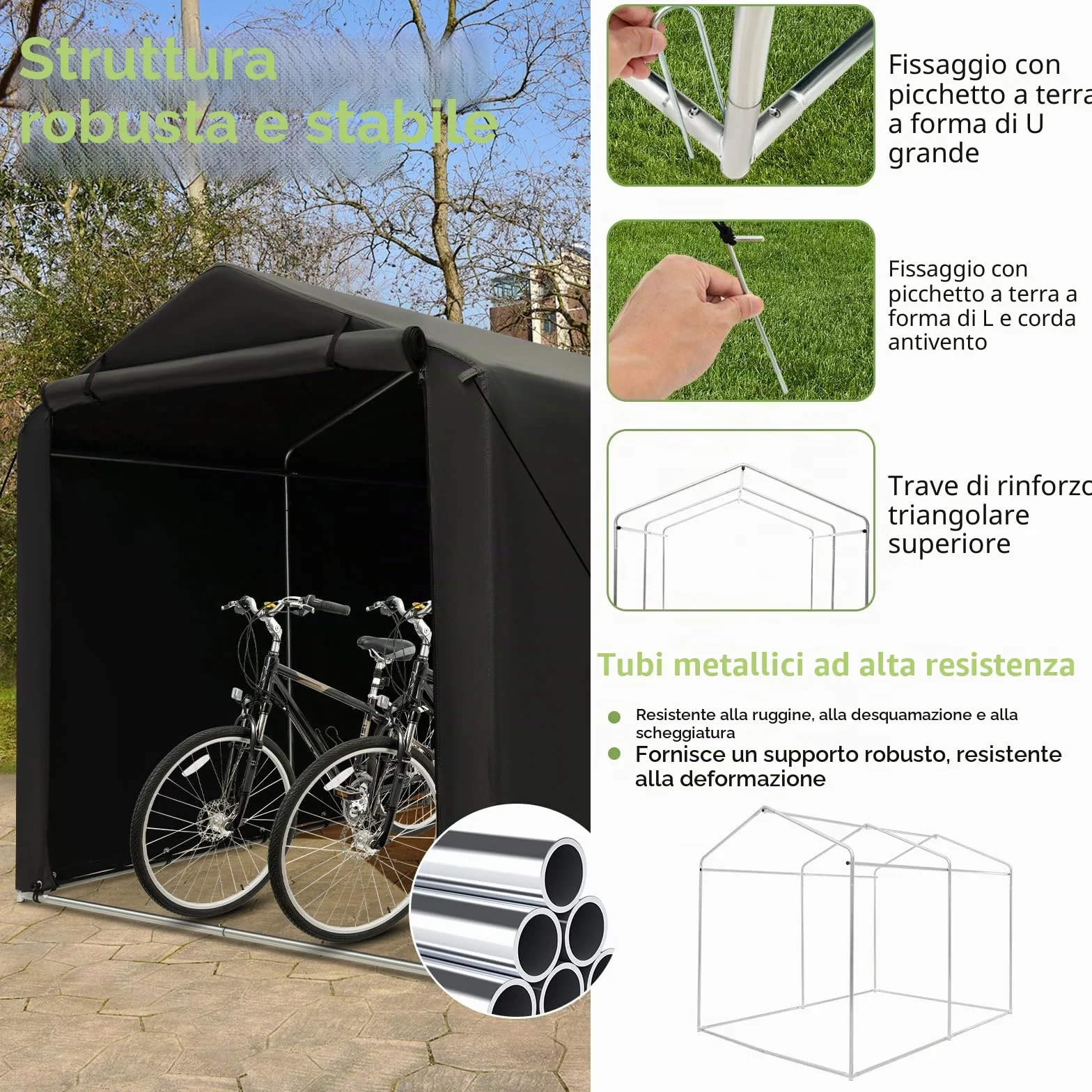 SOARS Capanno da Giardino 218 X 160 X 164 CM, Tenda Garage per Bici Moto Attrezzi, con Copertura en PE Impermeabile, Porta con Cerniera, Telaio in Metallo, Picchetti, per Esterno (Grigio Scuro)