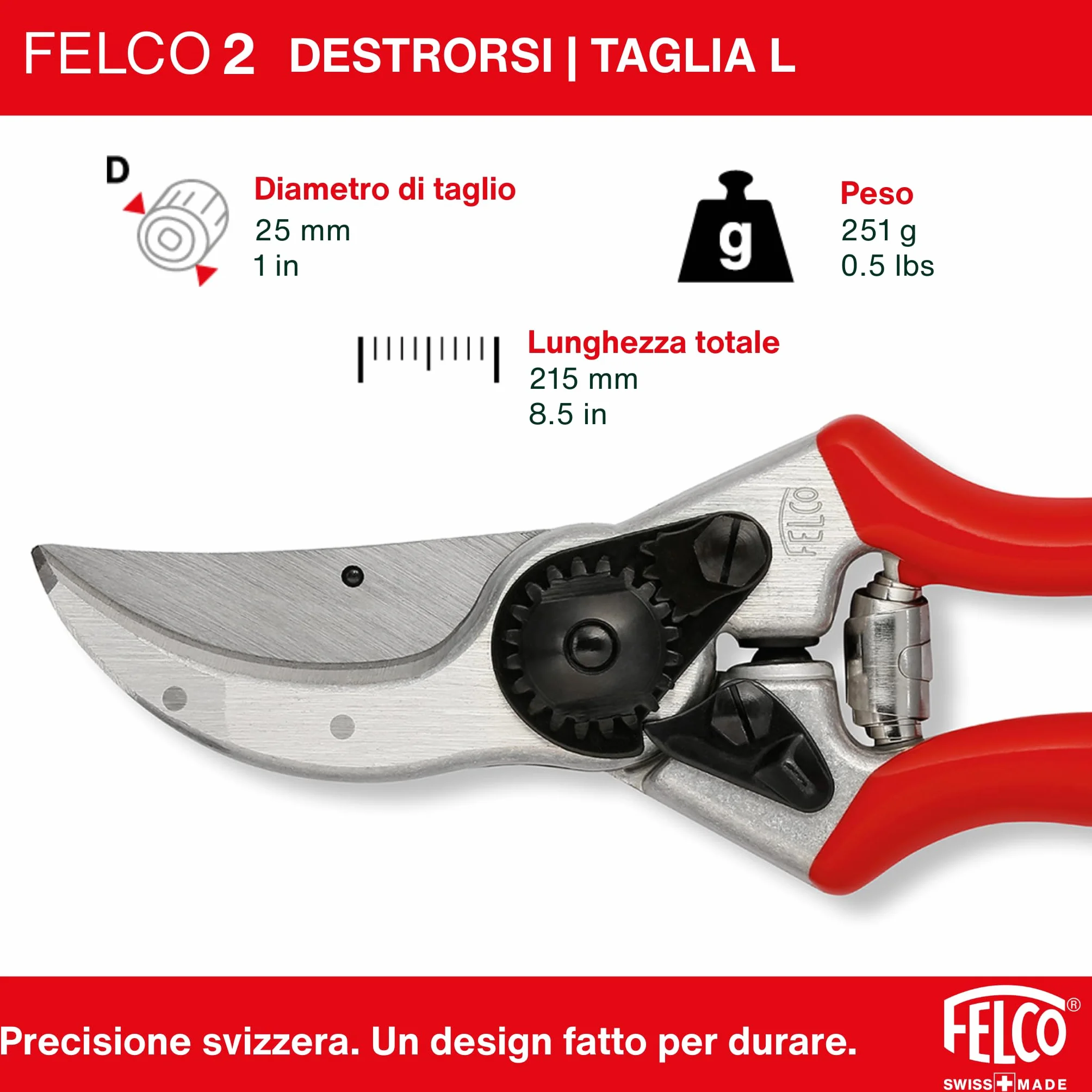 FELCO 2 Cesoia da Potatura Bypass, Mano Destra, Mano Grande, Capacità di Taglio 25mm, Lama in Acciaio Temprato, Manico in Alluminio Forgiato, Made in Switzerland, Garanzia a Vita