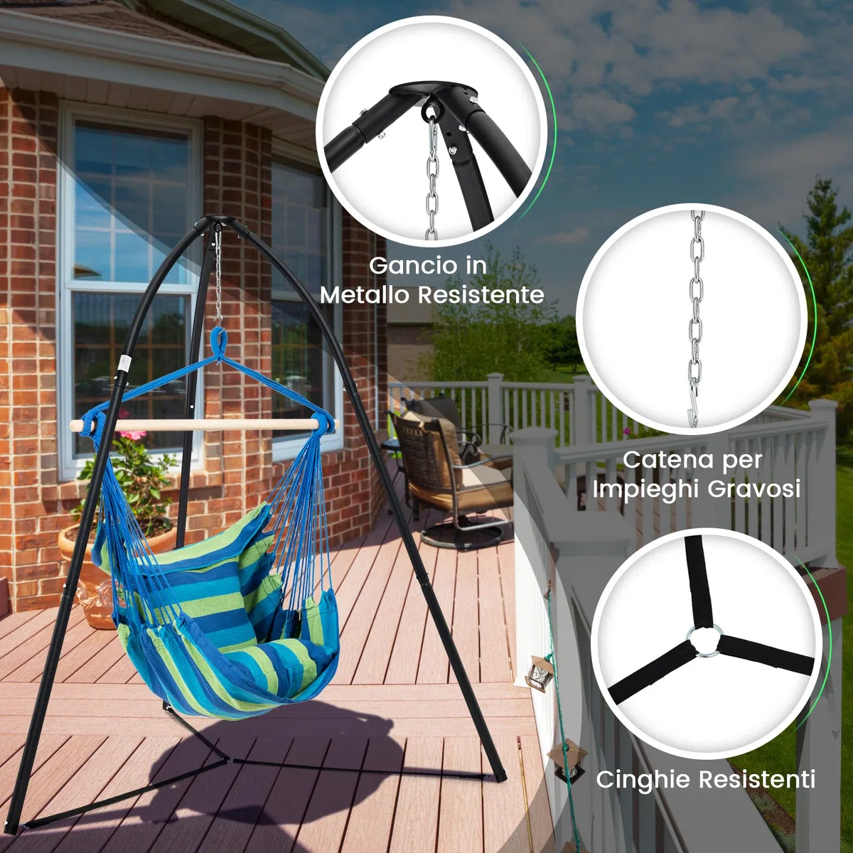 COSTWAY Supporto per Sedia Sospesa, Supporto per Sedia Altalena in Metallo con Catena Sospesa, Supporto per Altalena a Triangolo, Portata 200 kg, per Patio, Giardino