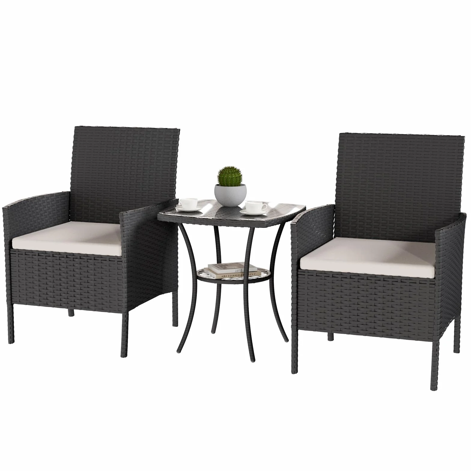 UDPATIO Salotto da Giardino in Rattan, Set Mobili da Giardino 3 Poltrone e Tavolino, Struttura Metallica, Vetro Temperato, Nero