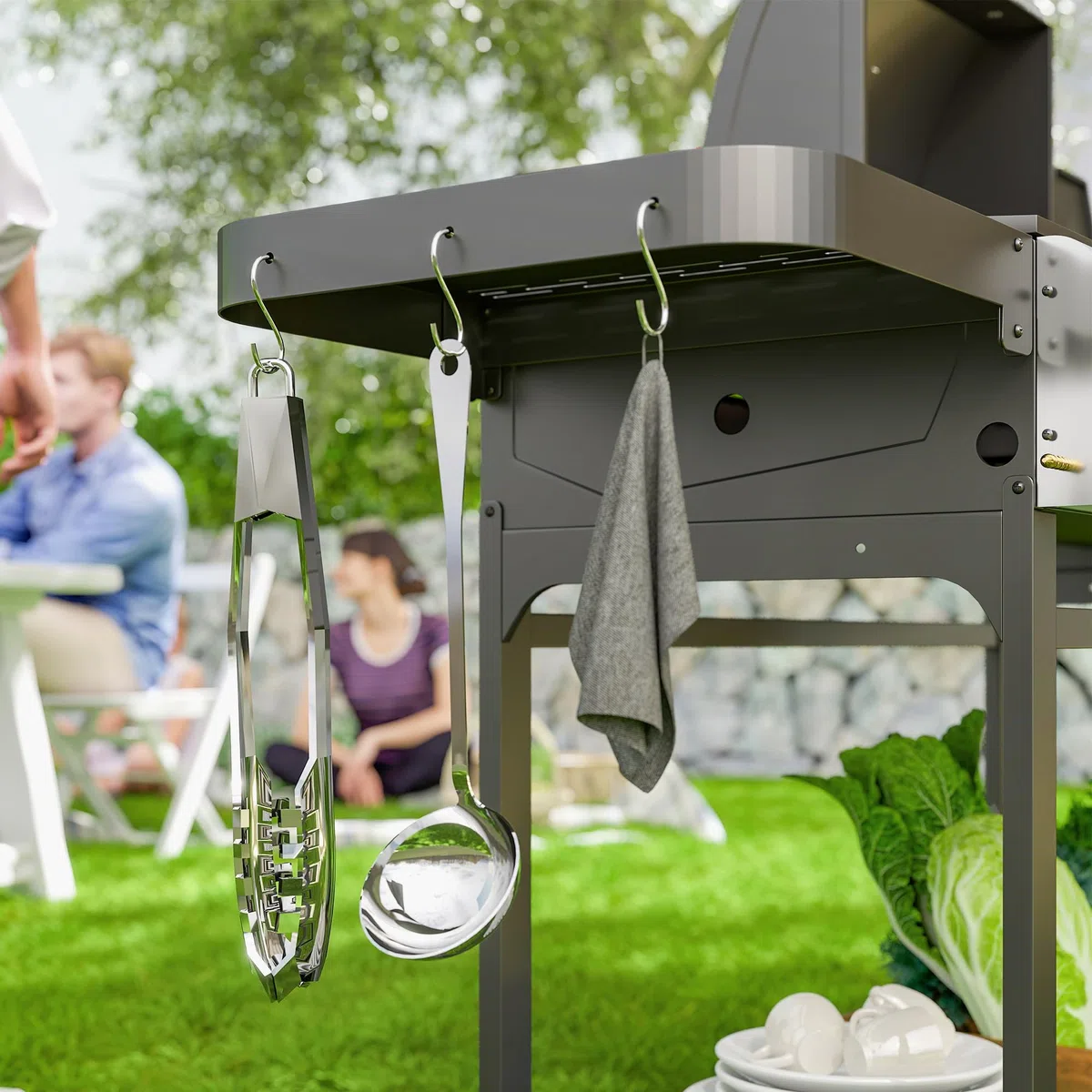 Outsunny Grill Gazowy 4+1 Palniki 12kW z Termometrem, Stal, Czarny Srebrny