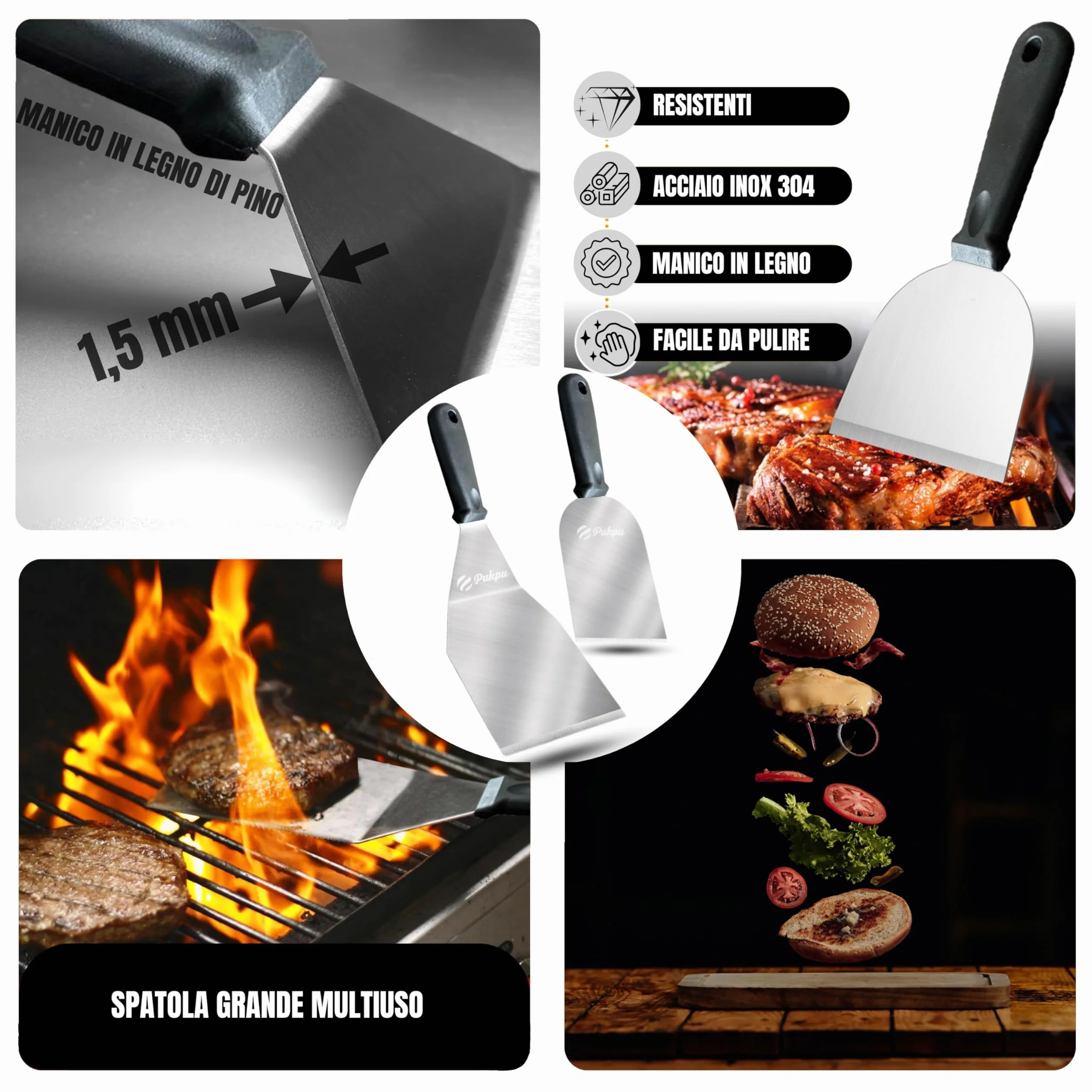 Kit Smash Burger 6 Pezzi Nero – Pressa Hamburger, 2 Spatole Inox, 2 Cloche per Formaggio e Spiedino