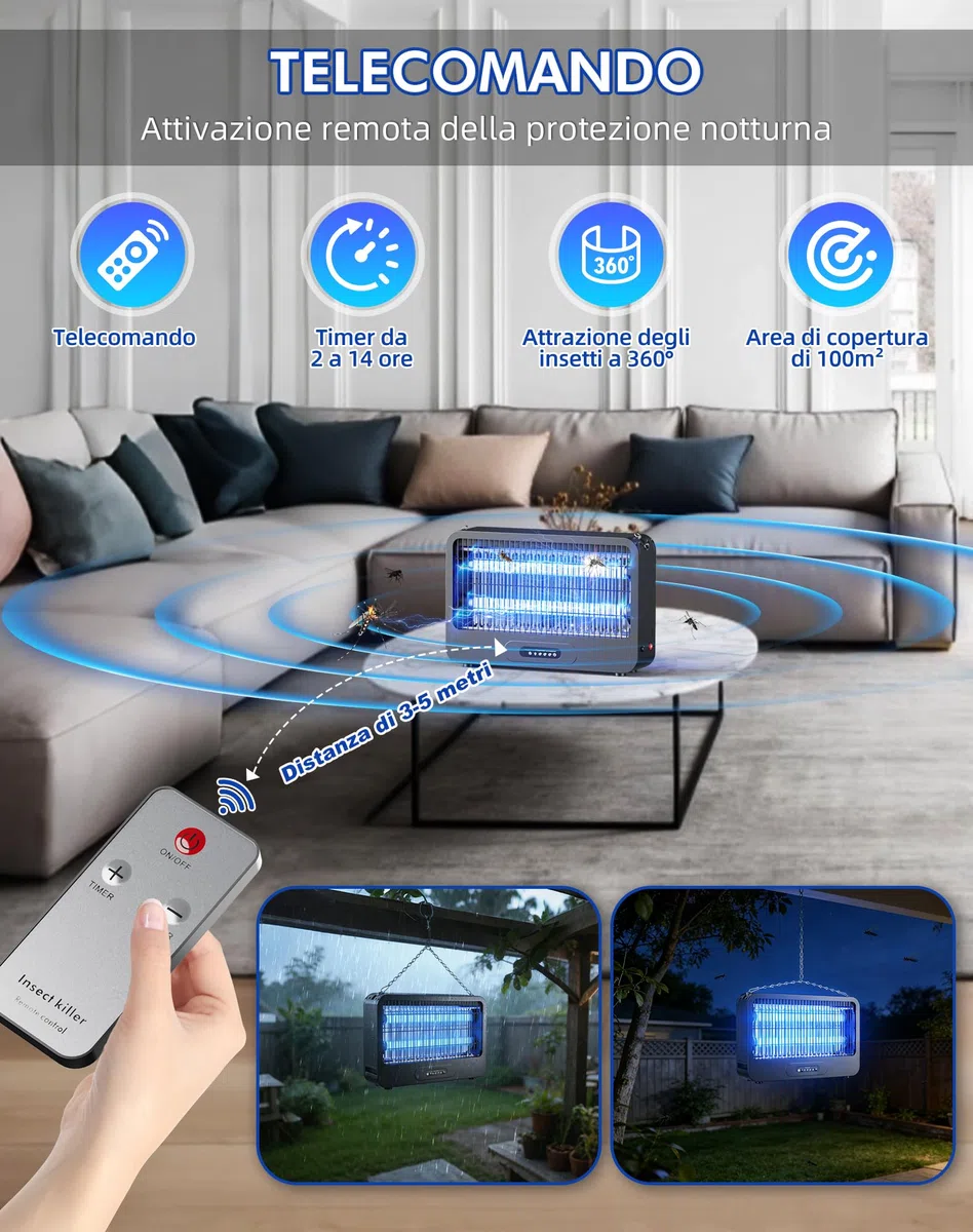 Lampada Antizanzare Elettrica, 3500V Zanzariera Elettrica da Esterno, 20W UV Zanzare Elettrico con Timer e Telecomando, Ecologica e Silenziosa, Adatta per Cucina, Camera Letto,Ufficio（100m²）