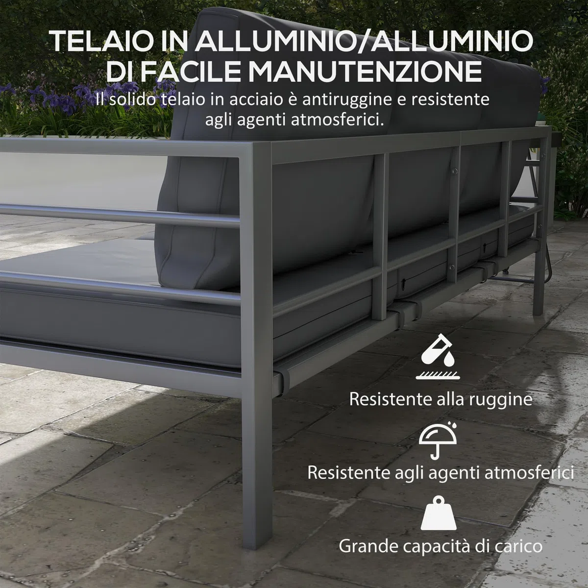 Outsunny Divano da Giardino 3 Posti in Alluminio con Cuscini per Seduta e Schienale, Divano Moderno, 185x66x64 cm, Grigio