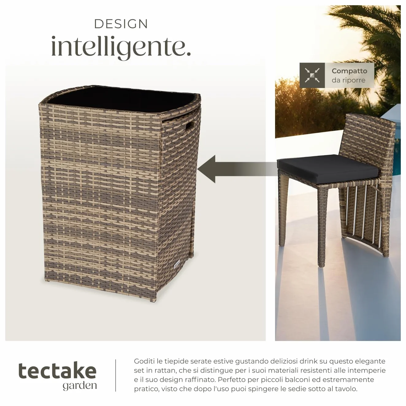 Set Bistrot Rattan Amburgo con Cuscini Idrorepellenti e Telaio in Alluminio
