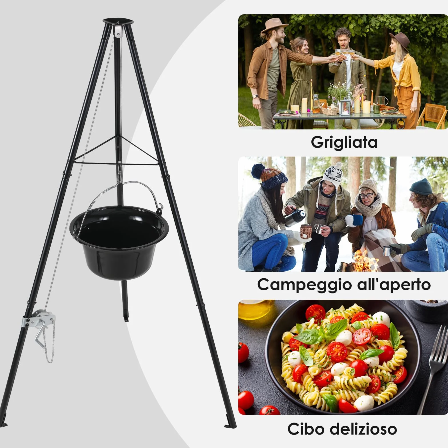 TLSUNNY Bollitore per Gulasch Ungherese Originale 10 L, Telaio per Treppiede con Regolazione, Set di Pentole per Gulasch, Pentola per Gulasch Smaltata, Treppiede Telescopico con Picchetti per Picnic