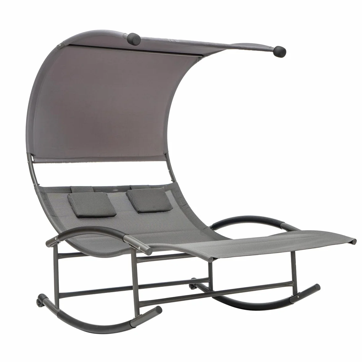 Hortan Lettino 2 Posti Prendisole Acciaio Dondolo Ergonomico Textilene Tetto Parasole Giardino Terrazzo Piscina