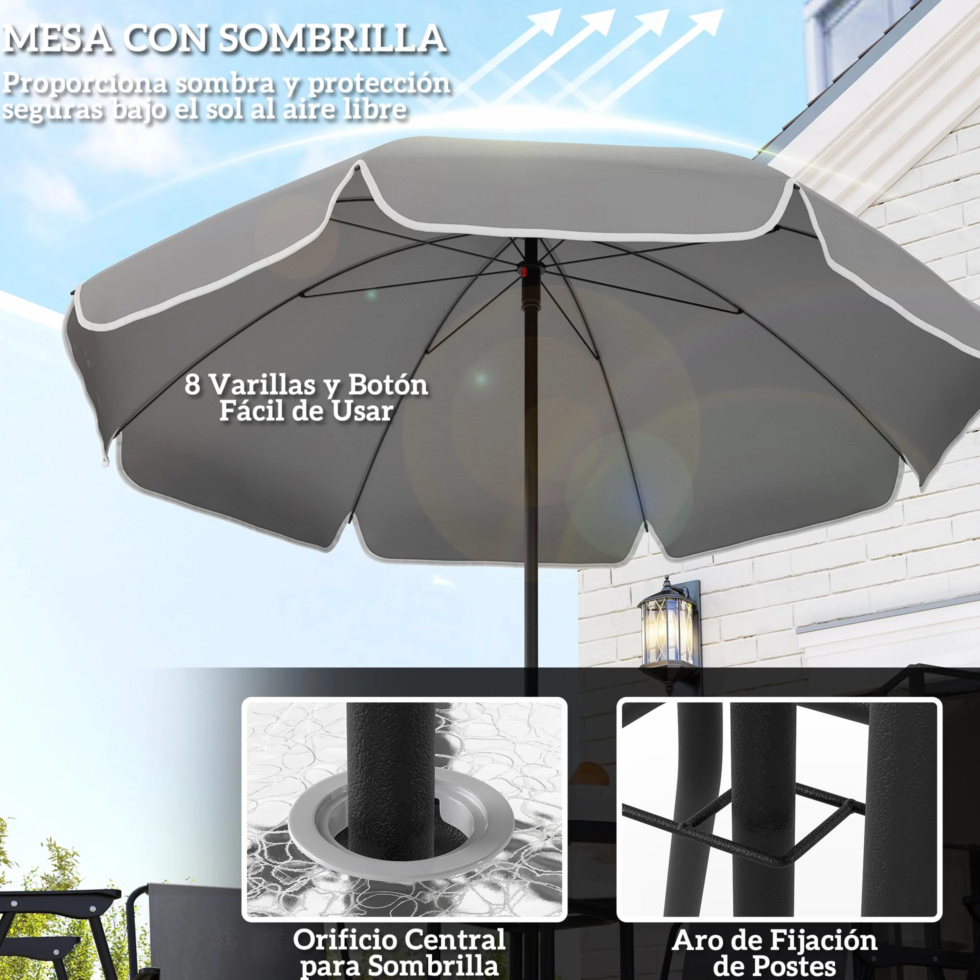 Outsunny zestaw 6-częściowy mebli ogrodowych: 4 krzesła składane, stół szklany, parasol, patio, taras, szary