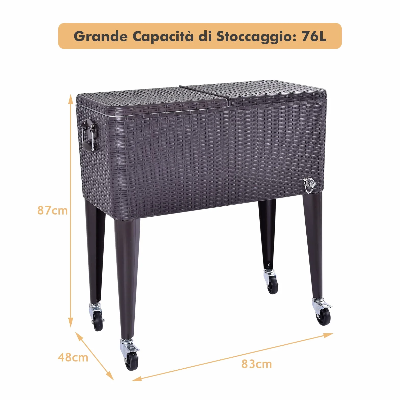 COSTWAY Carrello Portavivande Refrigerante Rattan 76L, Carrello Portaghiaccio con Ruote Bloccabili, Apribottiglie, 83x48x87 cm