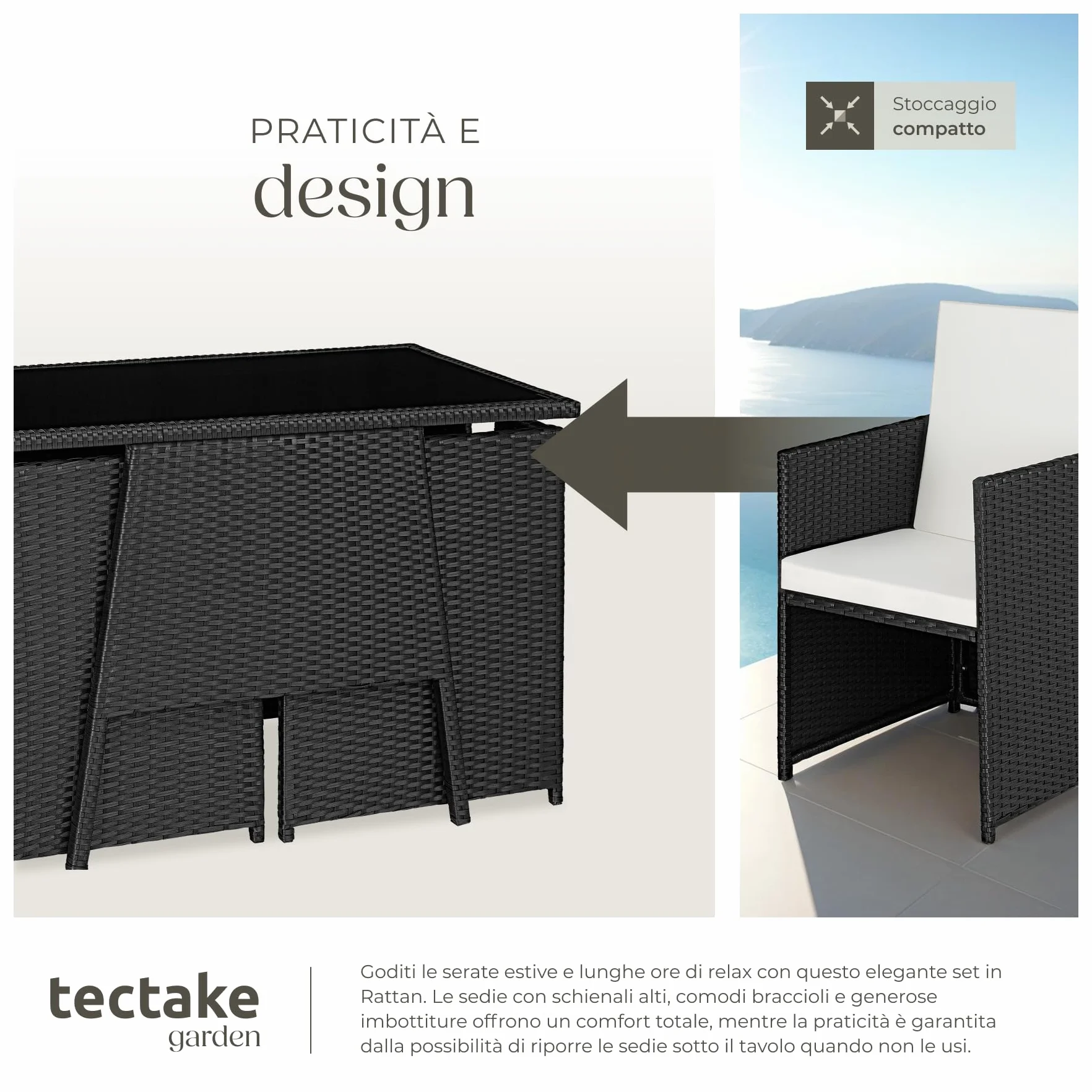 tectake Salottino Rattan Losanna Set da Giardino 2 Poltrone 1 Tavolo Acciaio Vetro Nero
