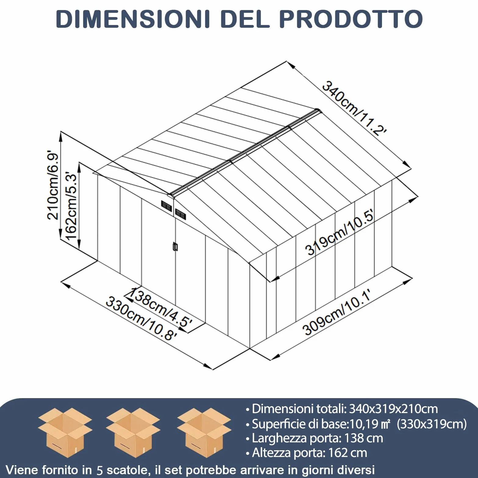 RELAX4LIFE Casetta da Giardino 340 x 319 x 210 cm (10,19 m²), Acciaio Zincato, 4 Prese d'Aria, Porta 117x162 cm, Tetto Inclinato, Porte Scorrevoli, Expandibile, Grigio