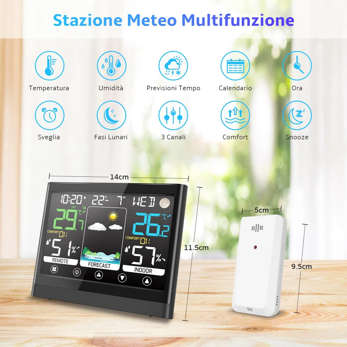 Stazione Meteo con Sensore Esterno, Termometro Igrometro Interno Digitale, Stazione Meteorologica Professionale, Ampio Schermo LCD Display, Sveglia Data Temperatura Umidità Previsioni di Tempo