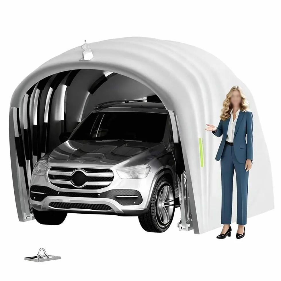 Tenda da Garage Semiautomatico in Acciaio Inossidabile, Carport Pieghevole Mobile, Resistente al Vento e Neve (Grigio)