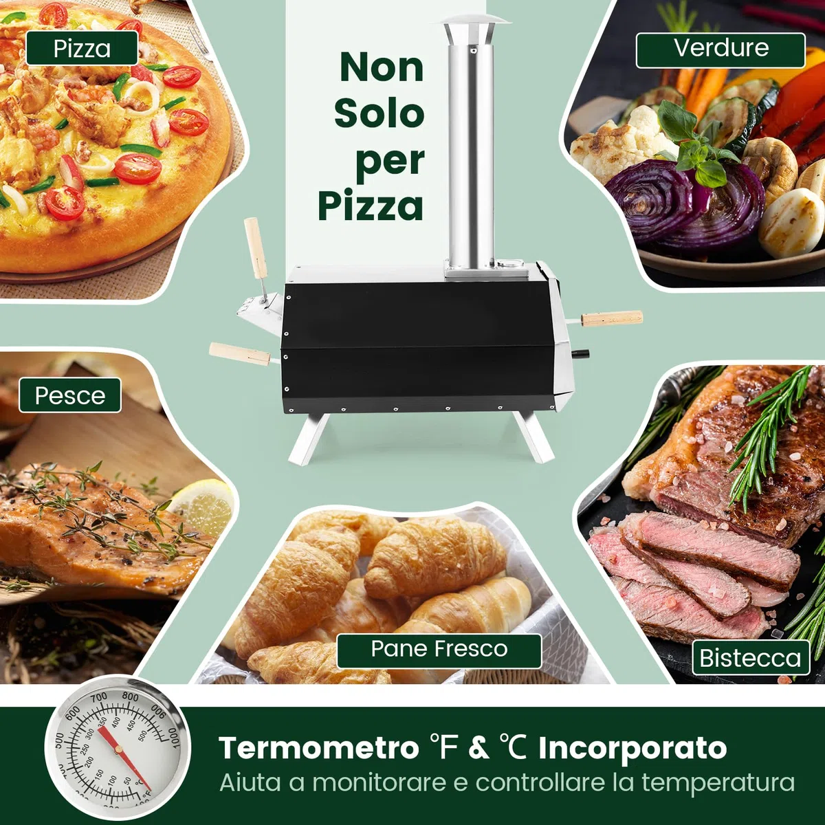 COSTWAY Forno per Pizza da Esterno a Legna con Pala, Pietra e Gambe Pieghevoli, Modello 8