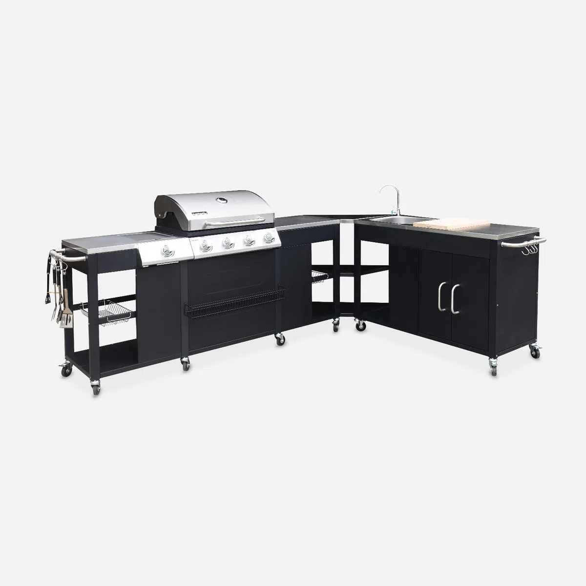 Modulo cucina da esterno con barbecue a 4 bruciatori, fuoco laterale, lavello e porta utensili Nero 247x187x112 cm