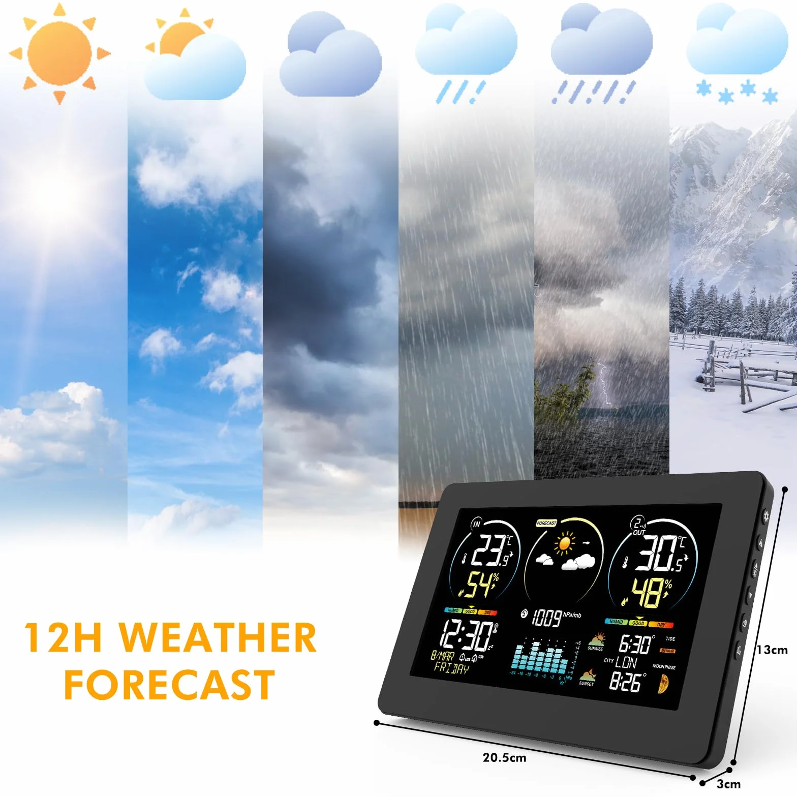 Stazione Meteo con Sensore Esterno, Termometro Digitale Senza Fili con Display a Colori, Monitor di Temperatura e Umidità, Previsioni del Tempo con Retroilluminazione Regolabile e Calendario, Nero