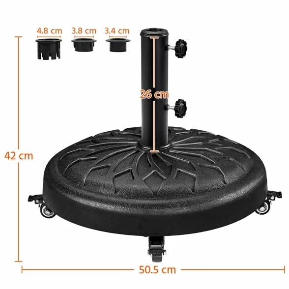Yaheetech Base per Ombrellone da Giardino 24,7 kg in Resina e Metallo con 4 Ruote e Freni per Pali da Ø34/38/48mm con 2 Manopole Cortile Piscina Esterno Nero