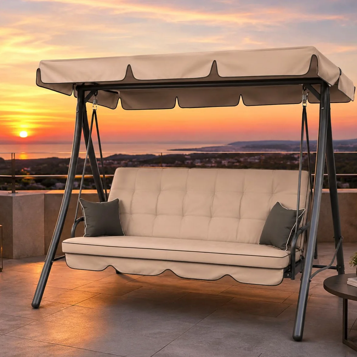 Letto Da Giardino 3 Posti Beige Panama Schienale Reclinabile Tetto Parasole Regolabile Set Cuscini 203 x 115 x 170 cm