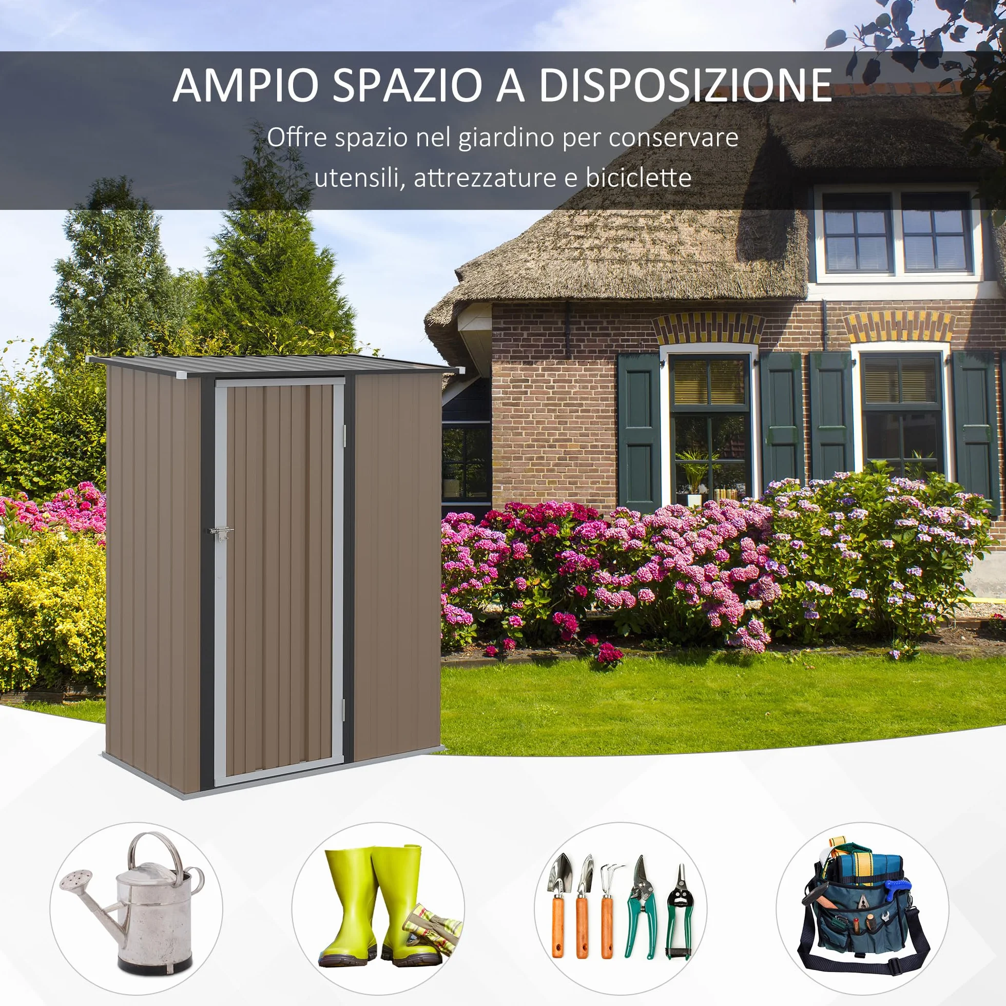 Outsunny Casetta da Giardino Porta Utensili in Lamiera di Acciaio 142x84x189cm Marrone