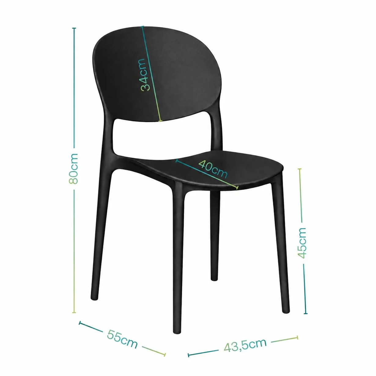 PALUPLUS Set 4 Sedie Oslo Schienale Ovale Polipropilene Impilabili Gommini Antiscivolo Sedia Giardino Esterno Interno Nero 43,5x55x80 cm