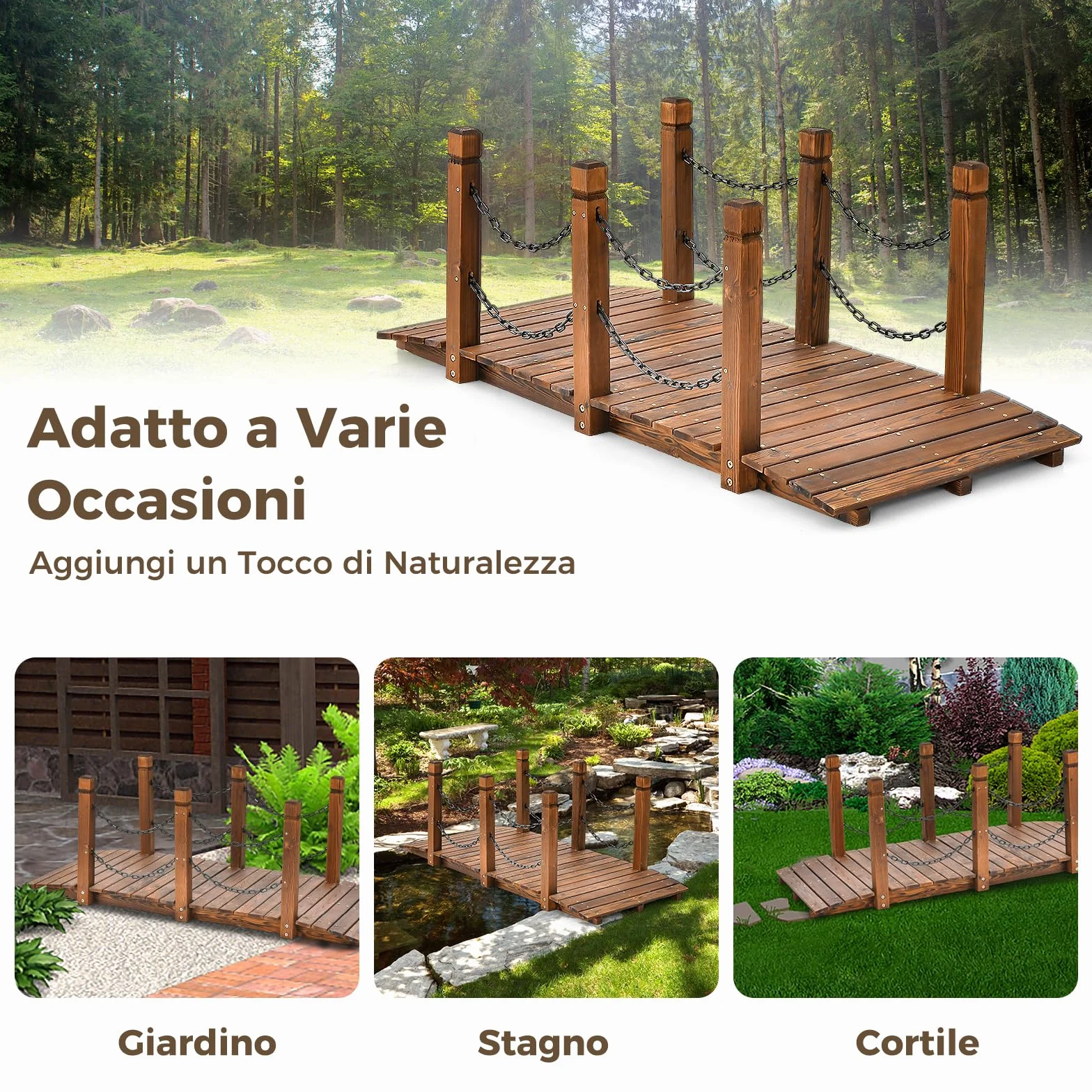 COSTWAY Ponte da Giardino in Legno, Ponte Decorativo con Finitura Tinta e Catena di Sicurezza, Ponte ad Arco in Legno per Giardino, Patio, Cortile e Fattoria, Carico 80 kg