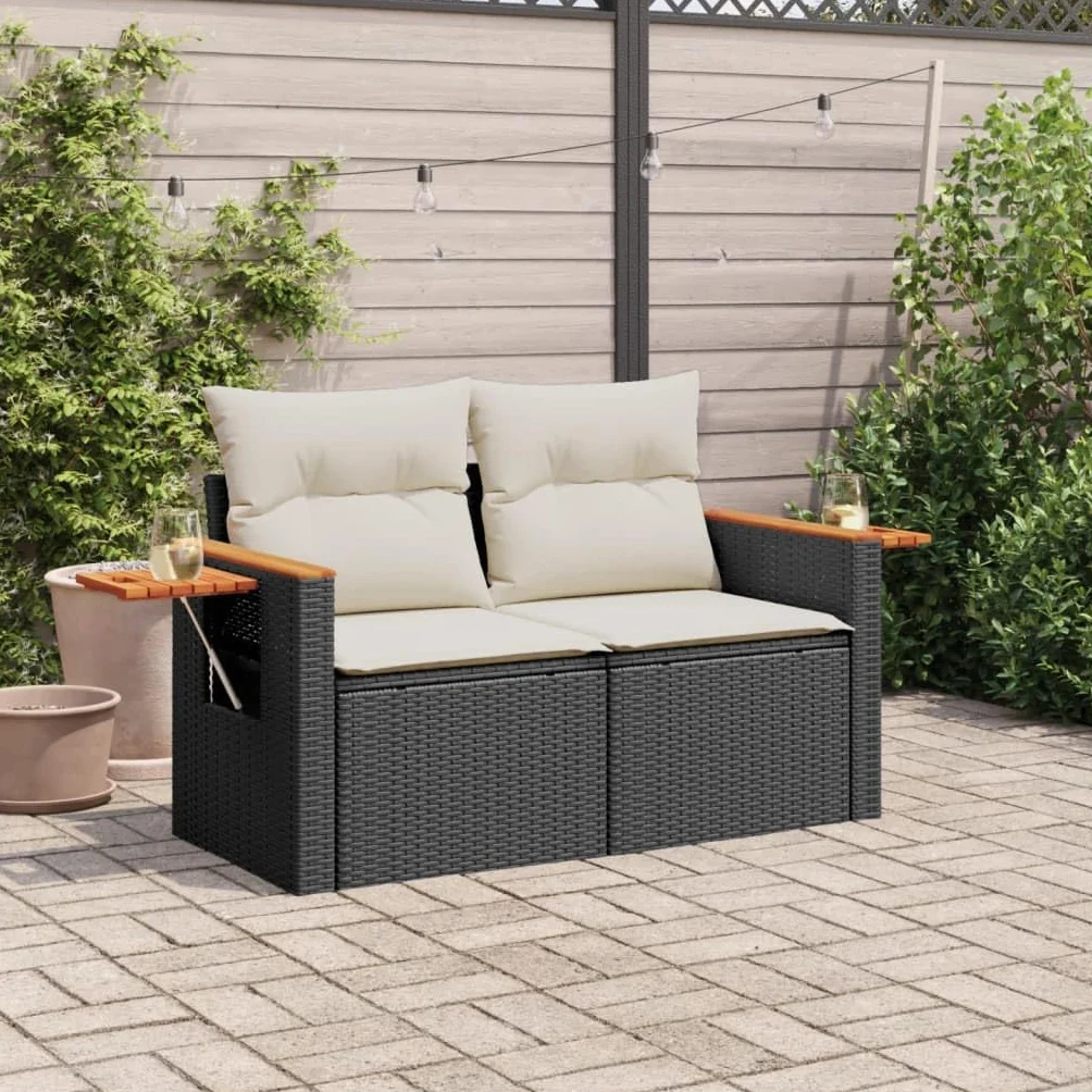 IKAYAA Divanetto da Esterno 2 Posti con Contenitore Divano da Giardino in Polyrattan Salotto da Giardino in Polyrattan Set da arredo per Esterno con Cuscini-Nero e Bianco-2 pz