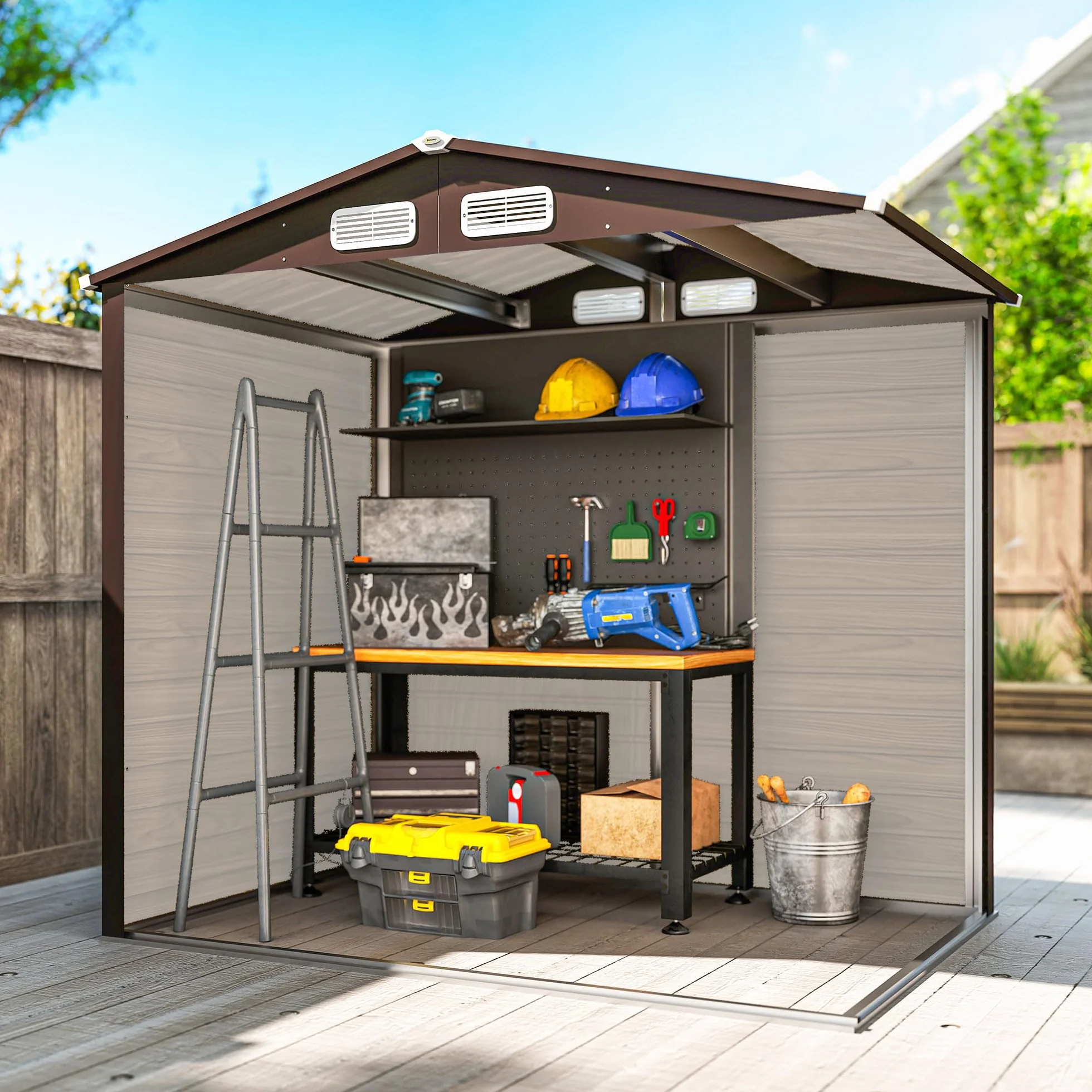 Outsunny Casetta da Giardino 1.9x1.3 m Acciaio Capanno Porta Attrezzi Lamiera Prese d'Aria Catenaccio Quercia