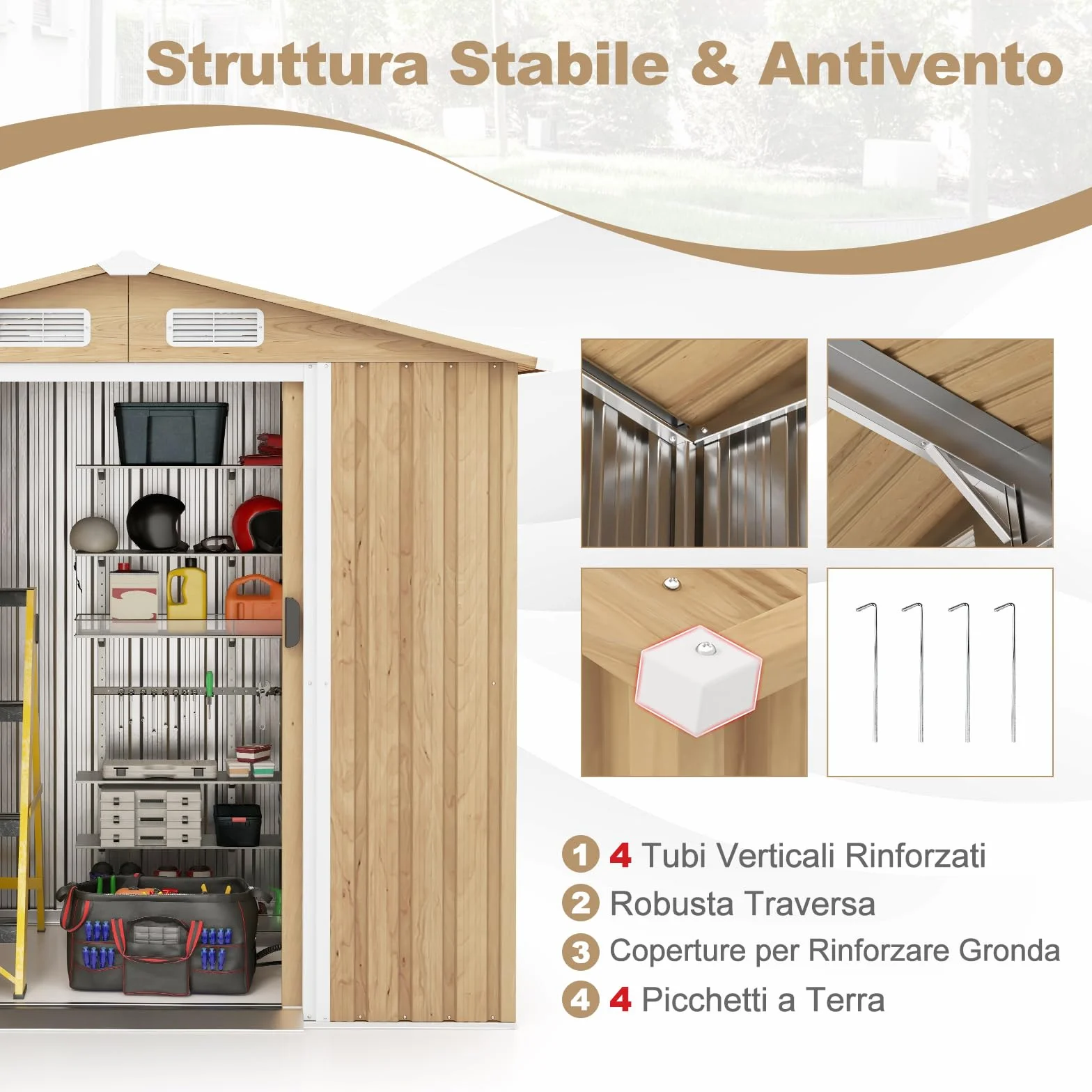 COSTWAY Casetta da Esterno 2,34㎡ Capanno Porta Attrezzi Lamiera Acciaio Zincata 196 x 142 x 186 cm
