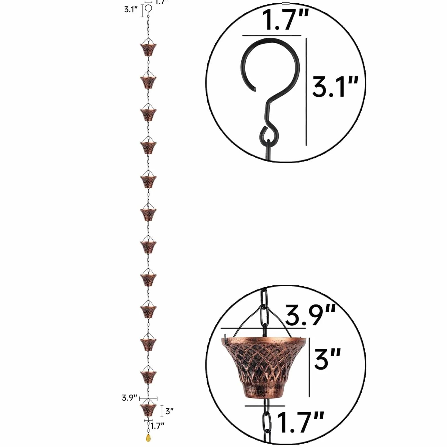 Catene da pioggia per grondaie, estensione decorativa per scarico del pluviale, 2,7 m, in rame, 12 tazze, per esterni, giardino, tetto, gazebo, albero