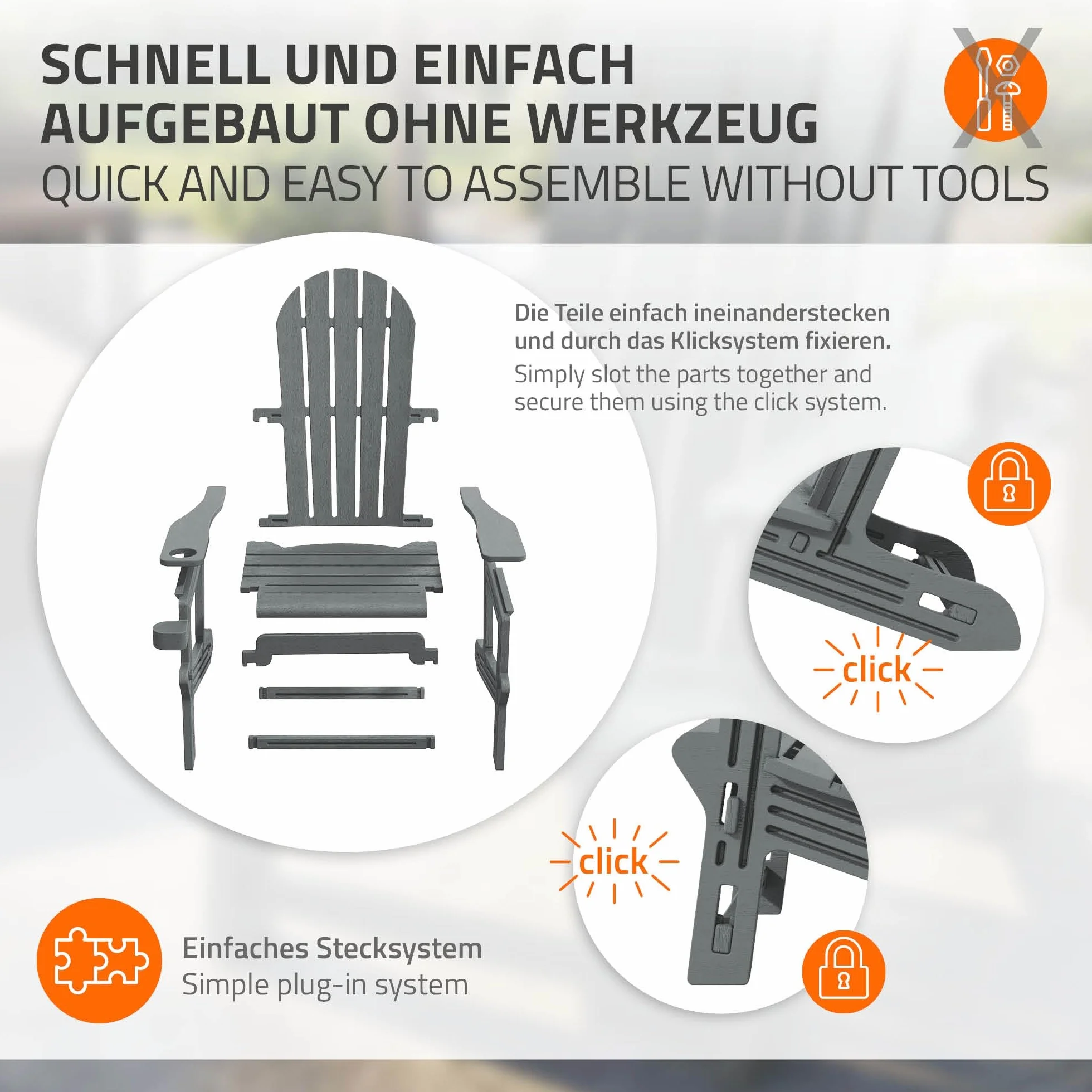 ML-Design Sedia Adirondack da Giardino con Portabicchieri, Grigia, Poltrona da Esterno in Plastica Effetto Legno, Sedia Lounge con Sistema a Incastro, Resistente alle Intemperie, per Patio e Giardino