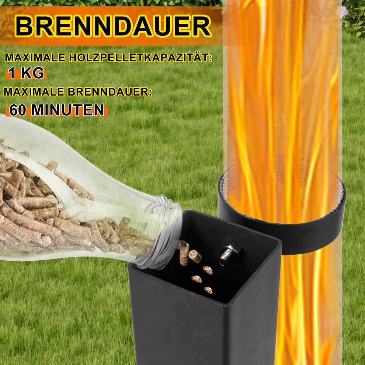 Bruciatore a pellet in acciaio nero 100 cm con vetro borosilicato, valvola combustibile regolabile