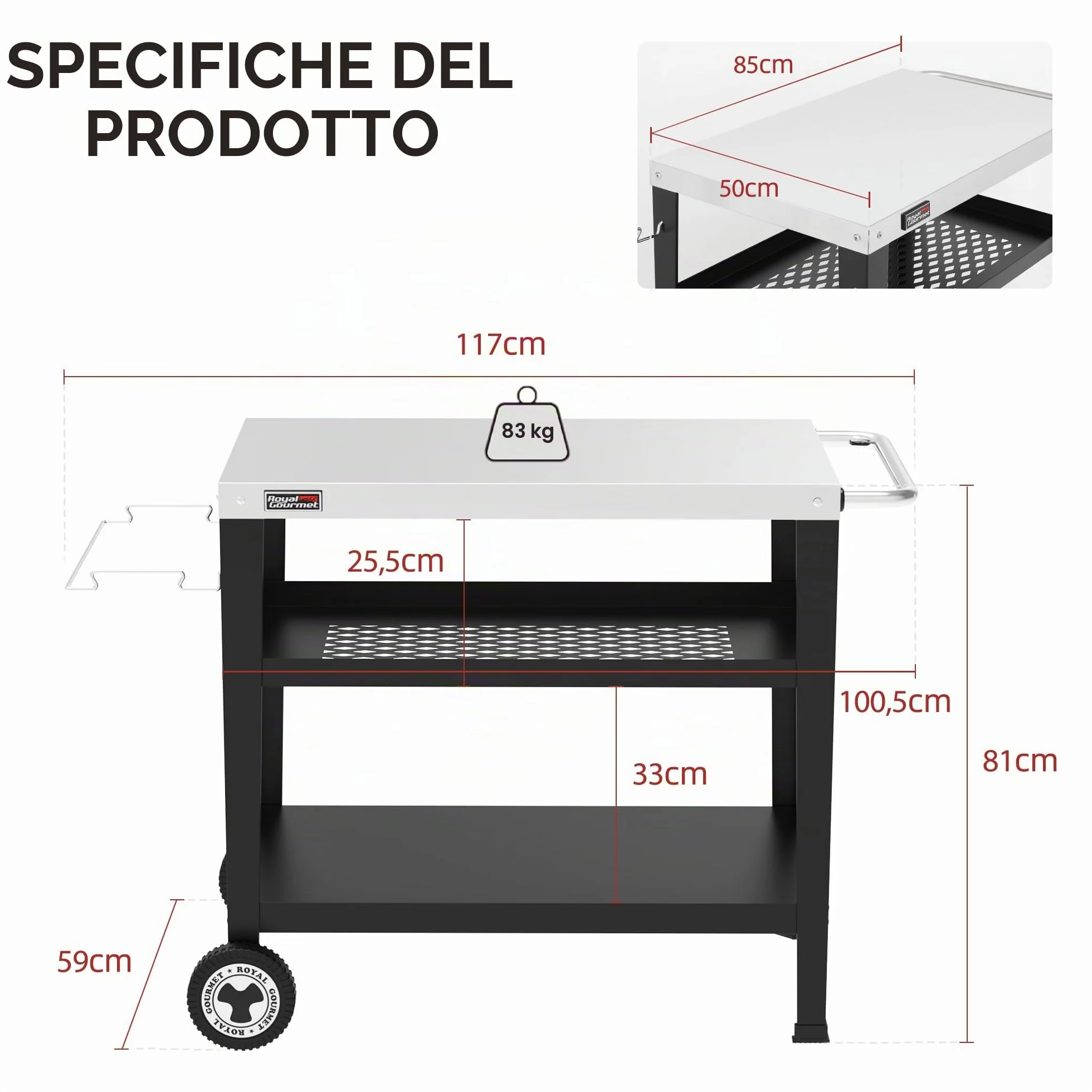 Royal Gourmet Carrello da portata a 3 piani in acciaio inox 85 x 50 cm argento