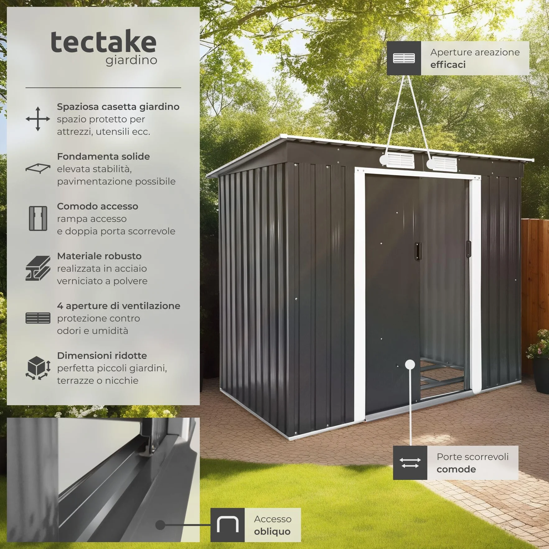 tectake® Casetta da Giardino in Lamiera, Box con Tetto Inclinato, Box da Giardino per Esterno con Porta Scorrevole, Lamiera in Acciaio, Fondamenta in Metallo - Grigio/Bianco